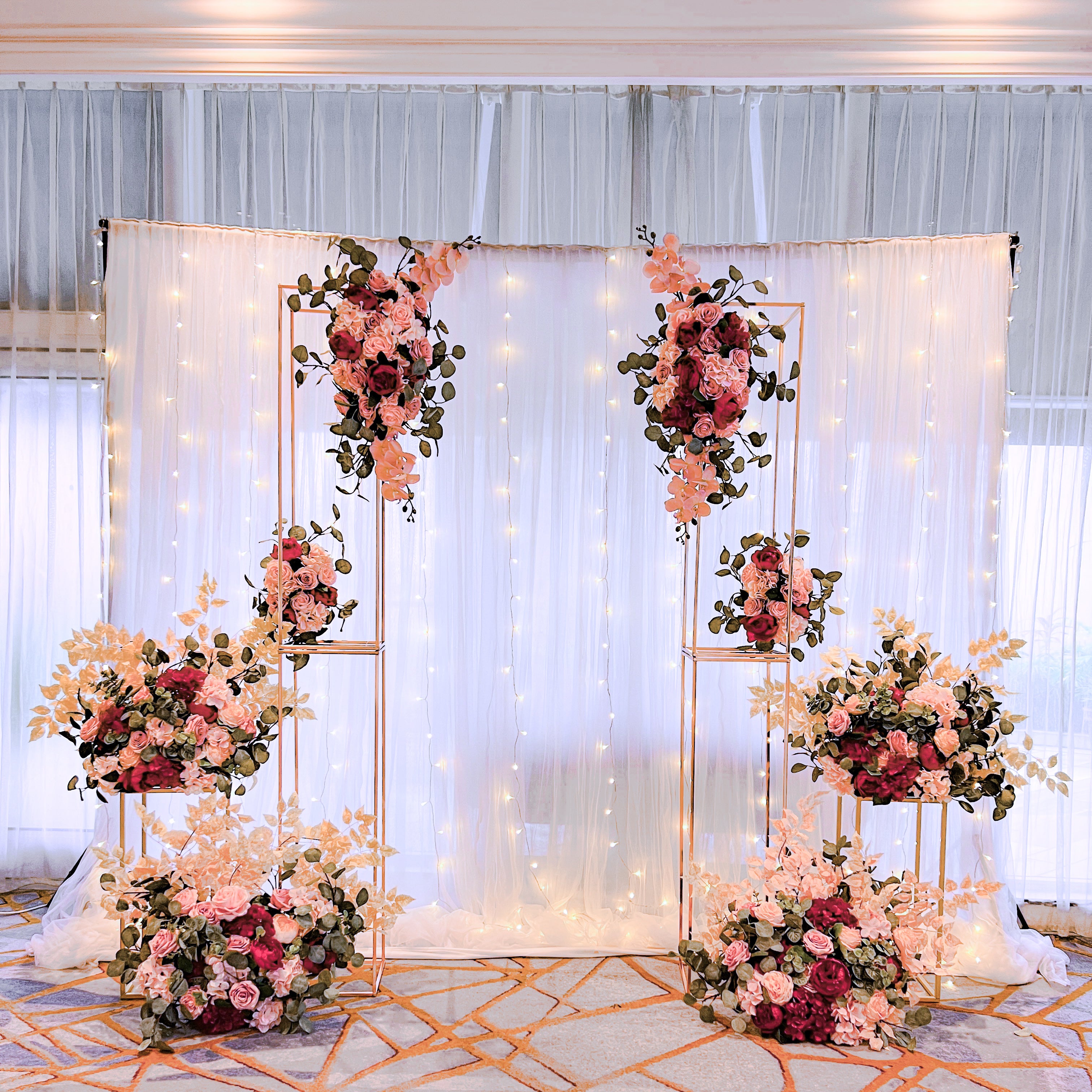 Wedding/ Solemnisation Decor in Singapore - Red & Pink Floral Column Arch w. Fairylights Backdrop suitable for Indoor/Outdoor (Venue: Four Seasons Hotel))