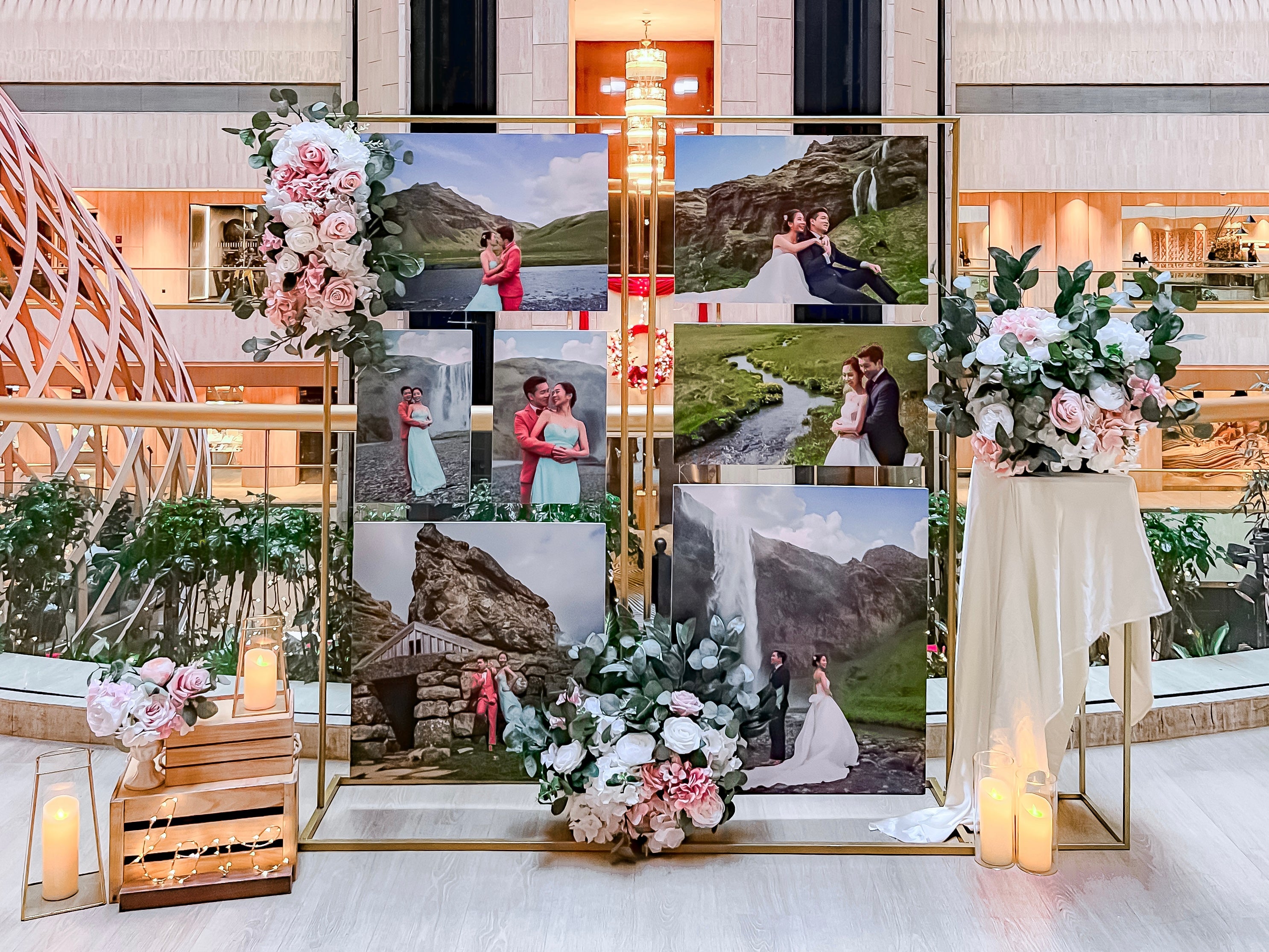 Wedding Reception Decor in Singapore - Multi-stands Photo Gallery with Pink & White Florals (Venue: Parkroyal Collection Marina Bay)