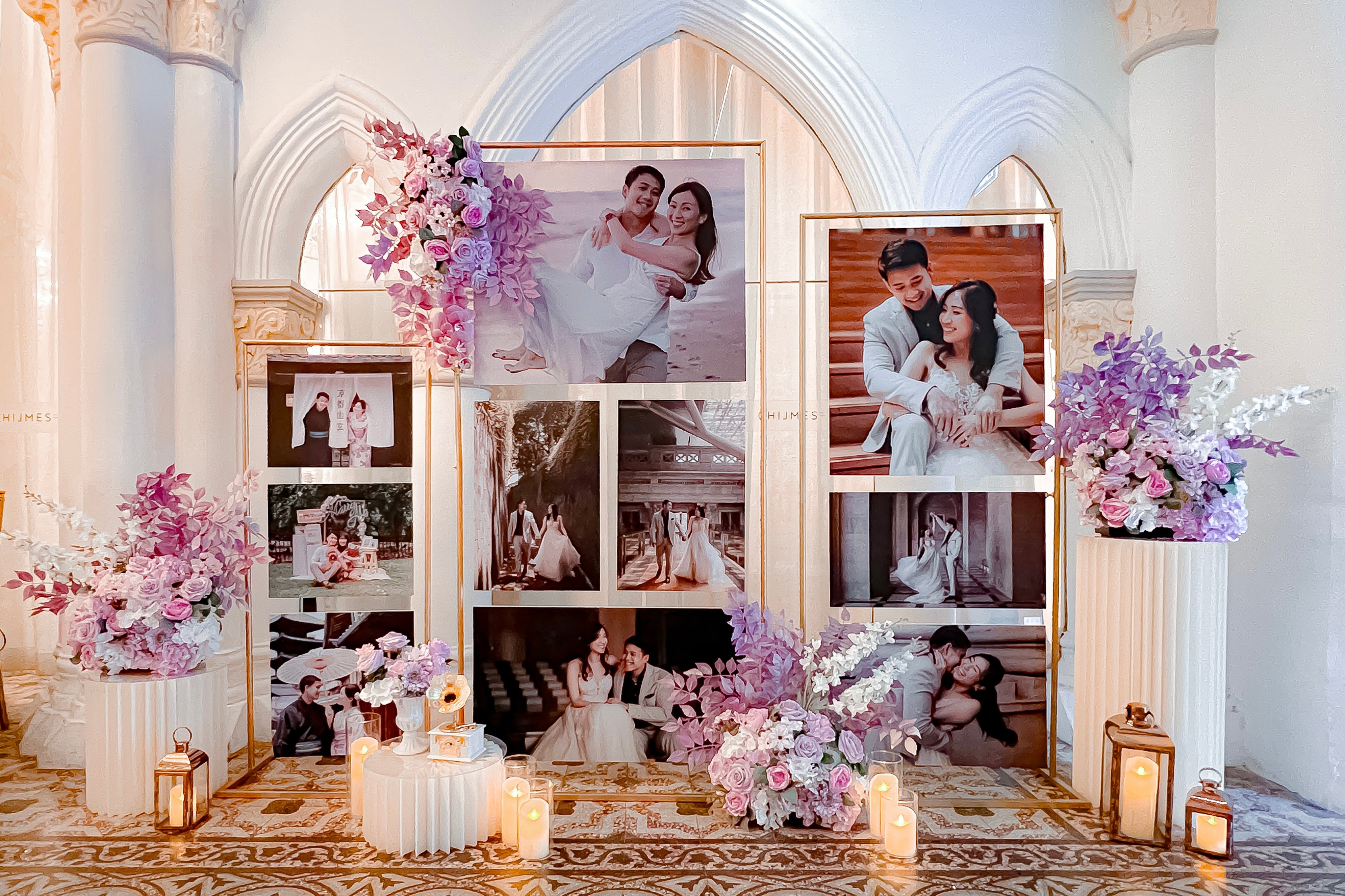 Wedding Reception Decor in Singapore - Multi-stands Photo Gallery with Purple/Lilac & White Florals (Venue: Chjimes Hall) 