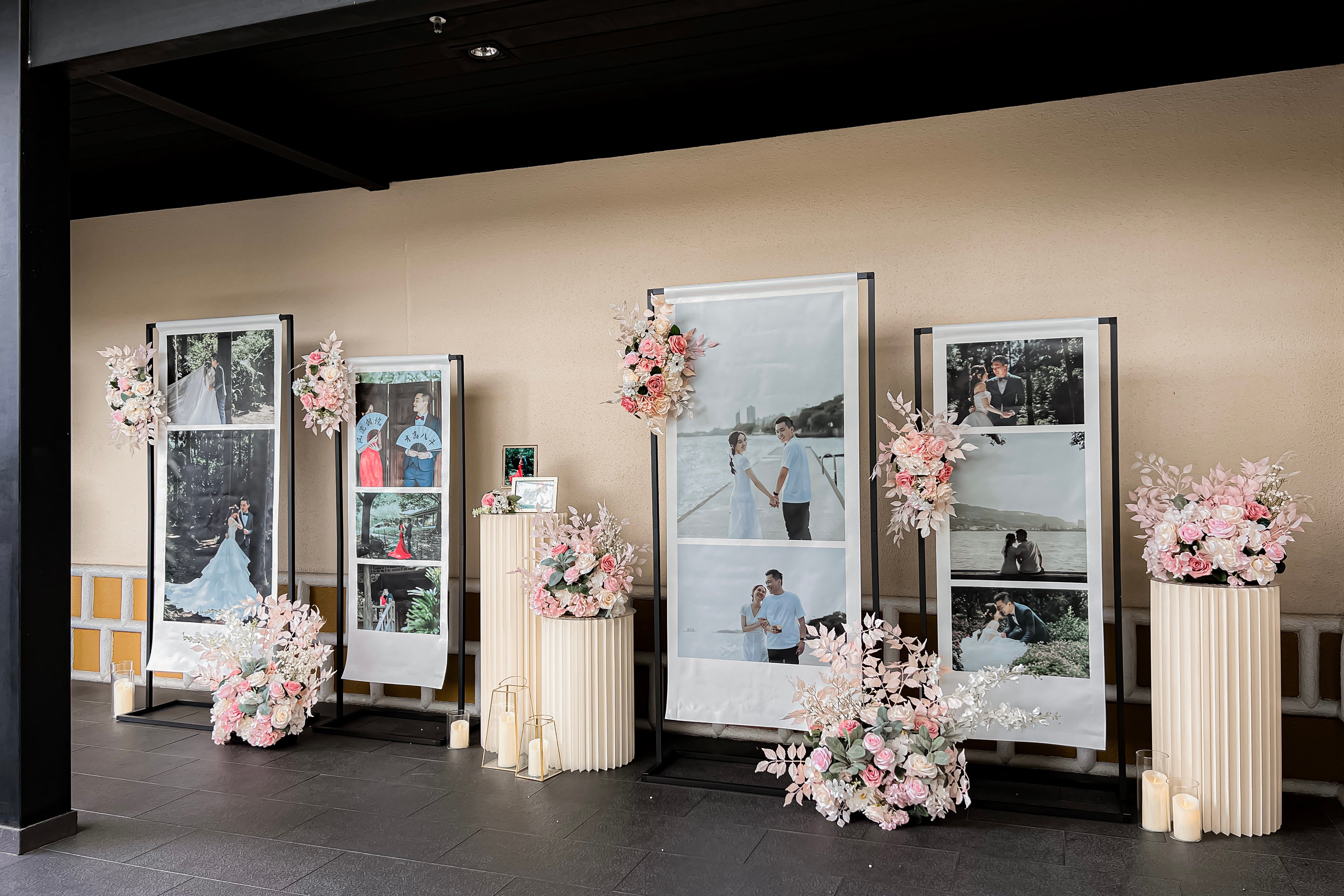 Wedding Reception Decor in Singapore - Multi-stands Photo Gallery with Pink & White Florals (Venue: Keyaki)