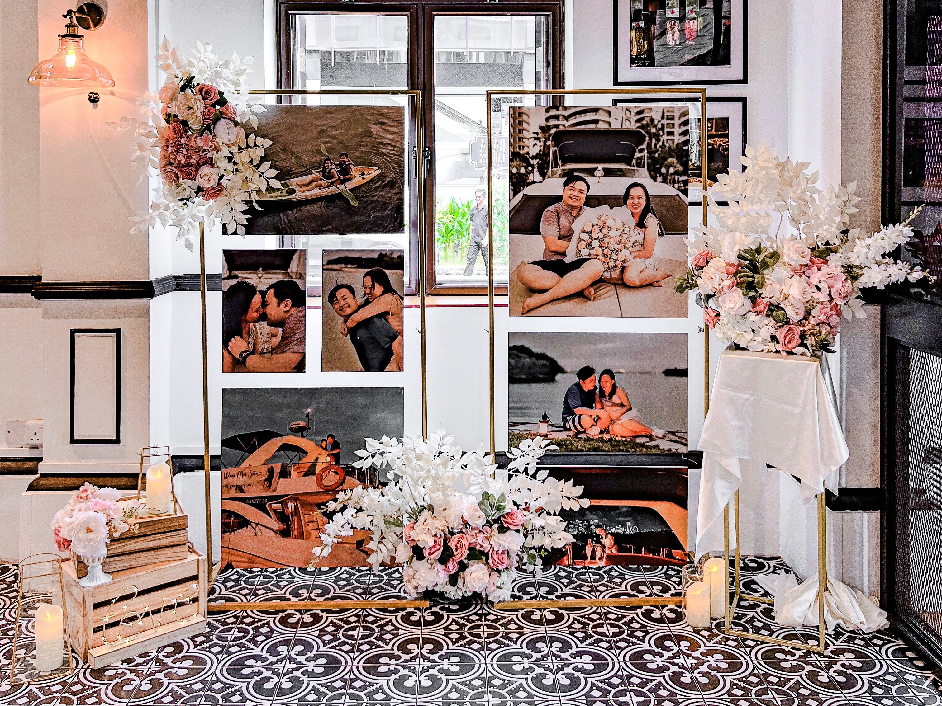 Wedding Reception Decor in Singapore - Multi-stands Photo Gallery with Pink White Peach Florals (Venue: Baba Chews)
