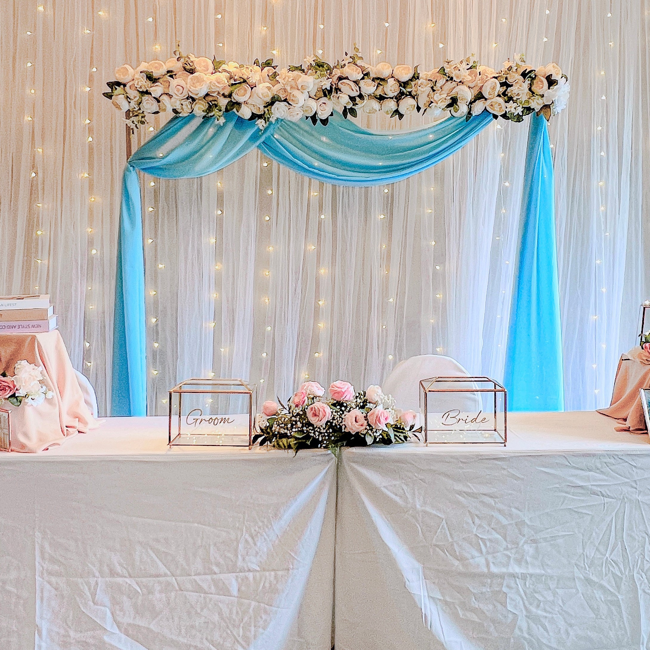 Affordable Wedding/ Solemnisation Decor in Singapore -Blue & White Floral Arch with Fairy-lights Backdrop (Venue: Hotel Fort Canning)