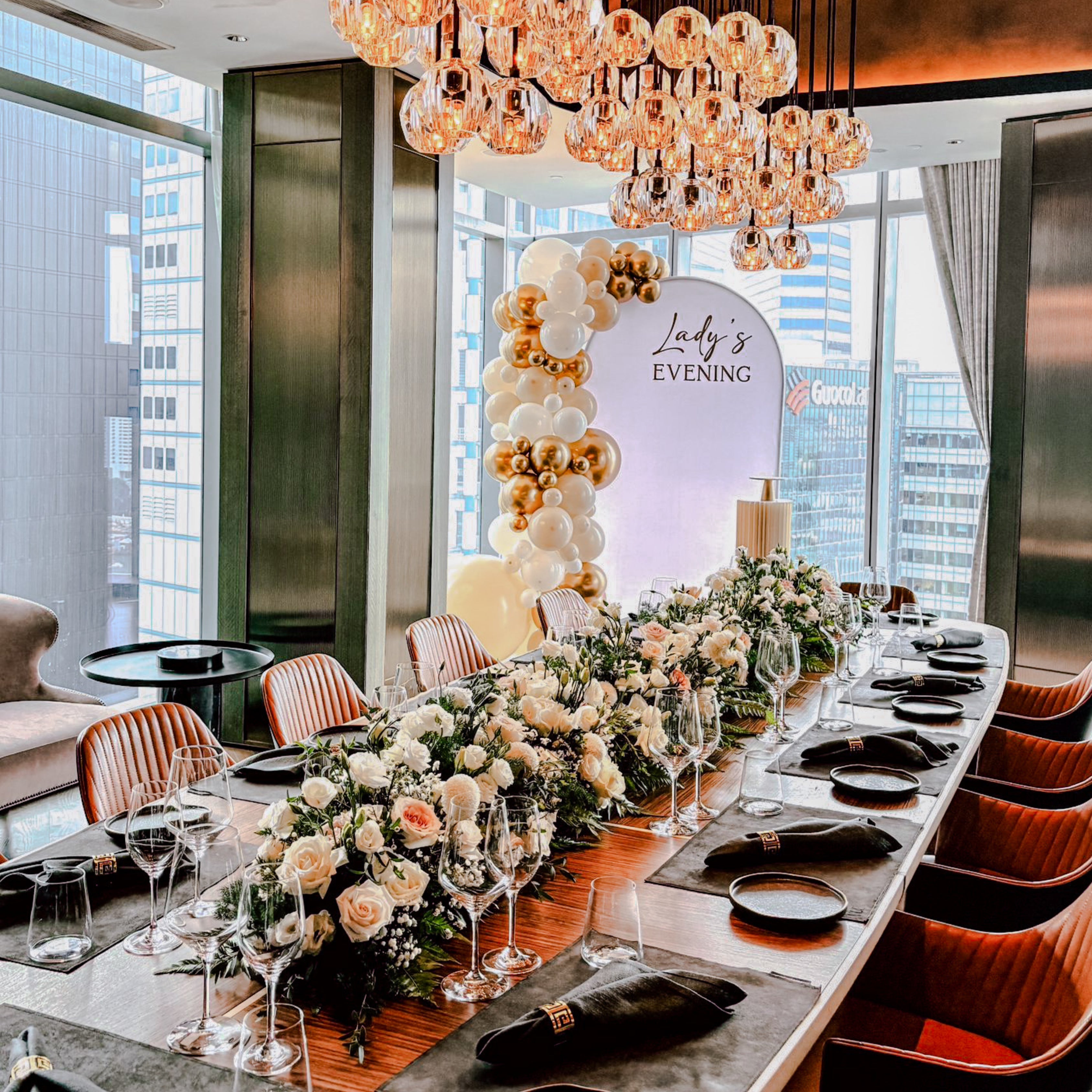Fresh Flower Centrepiece: Lush Garland ; Singapore Wedding Essentials ; Guests Table Styling at VUE ; Pink & White Flower Arrangement