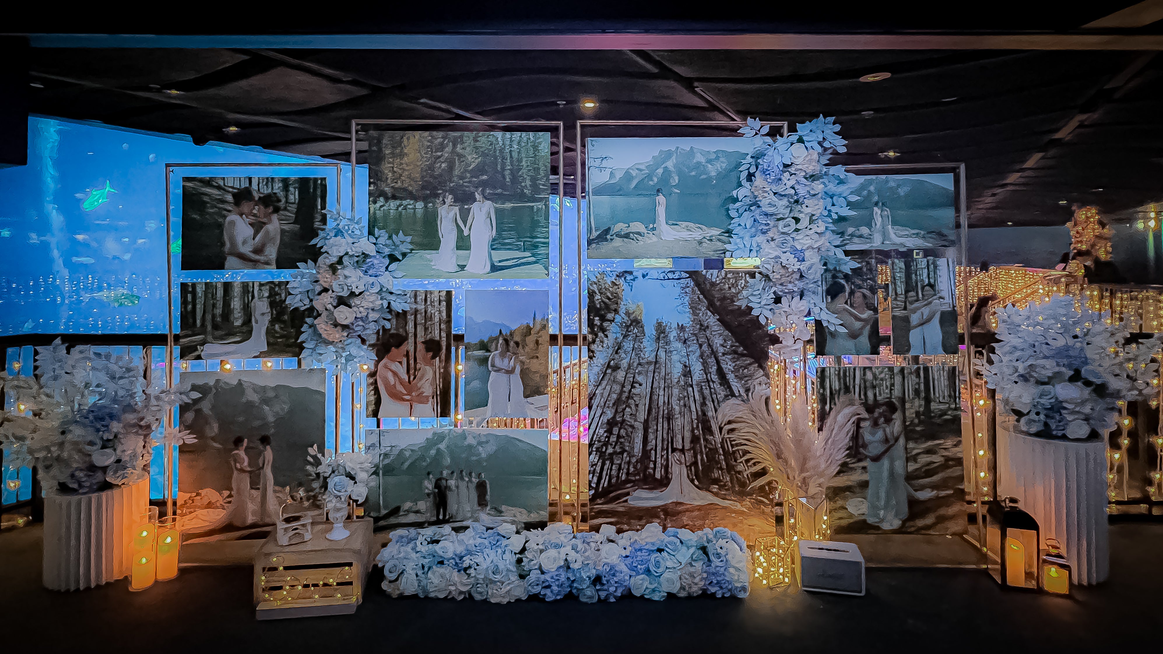Wedding Reception Decor in Singapore - Multi-stands Photo Gallery with Blue & White Florals (Venue: Ocean Gallery, S.E.A. Aquarium)