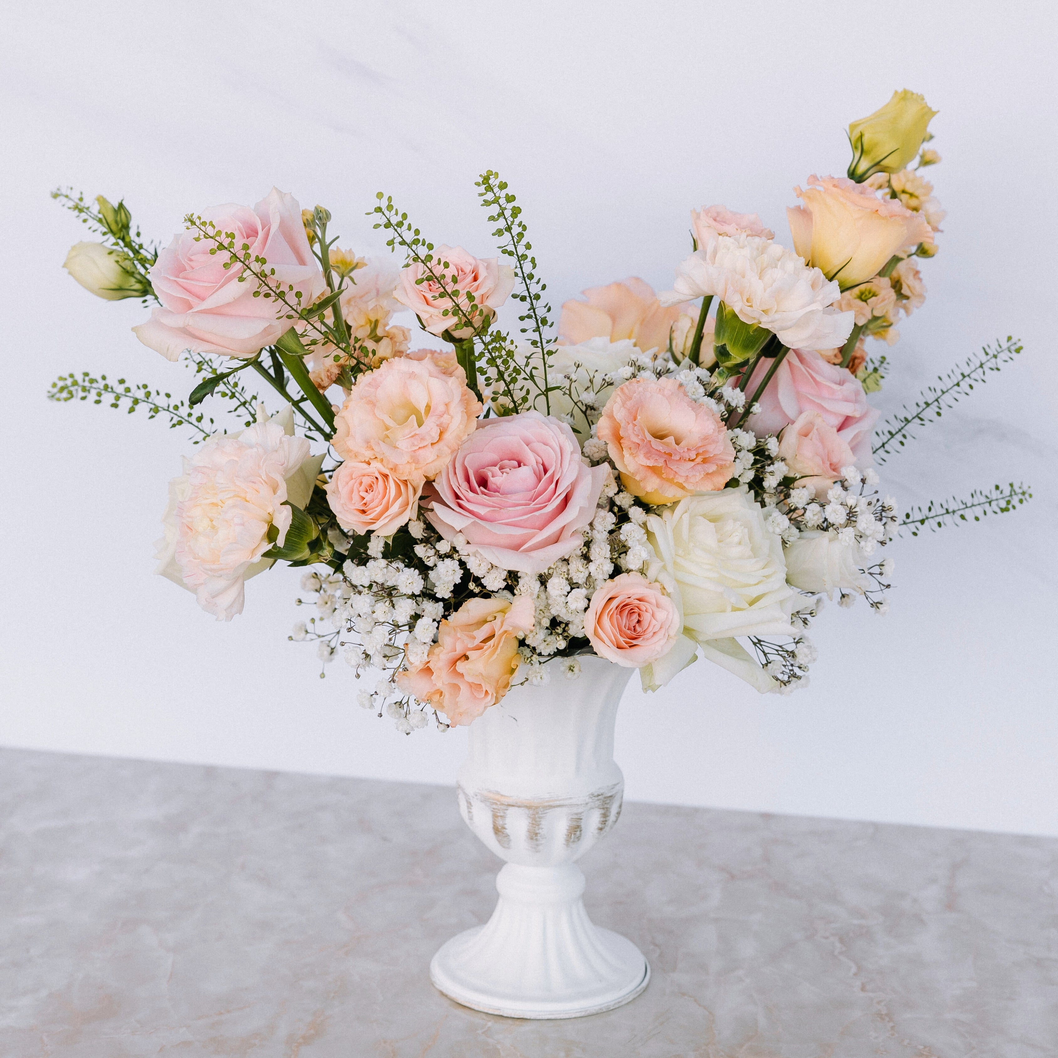 Fresh Flower Centrepiece: Timeless Vintage Vase ; Singapore Wedding Essentials ; Guests Table Styling ; Pink, White & Coral Flowers