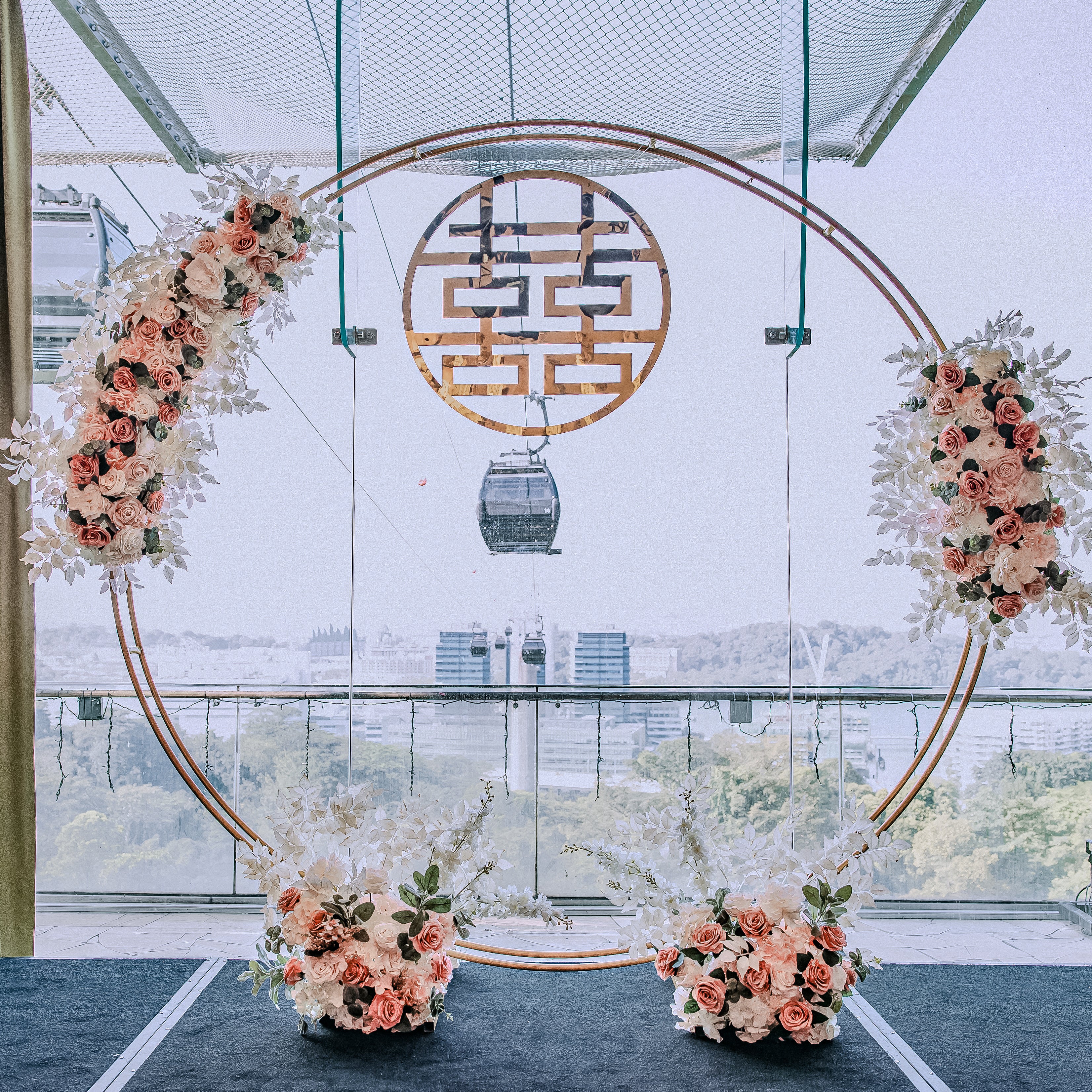 Wedding Stage Decor in Singapore - White & Pink Theme Floral Arch suitable for Indoor/Outdoor (Venue: Mount Faber Peak)