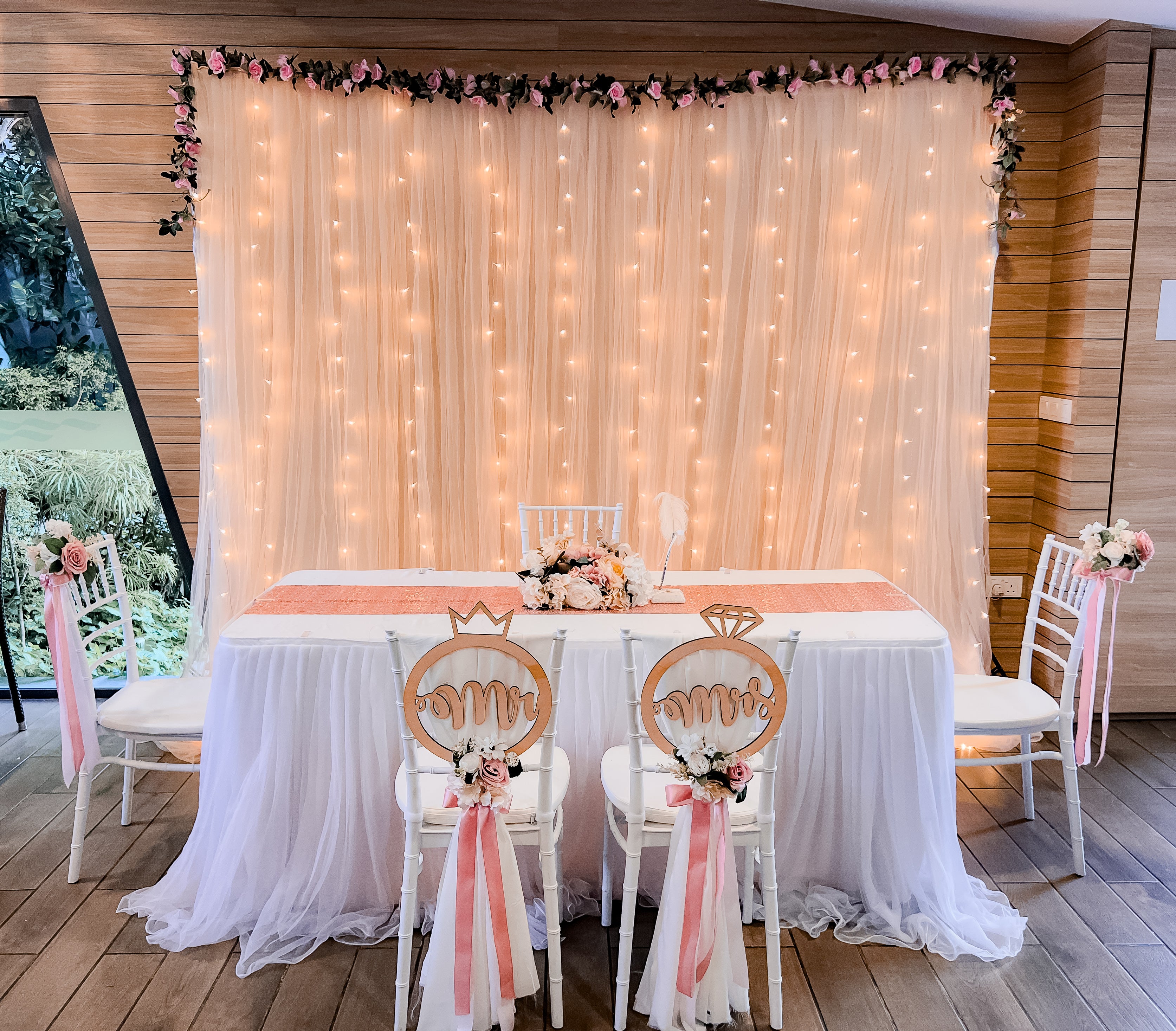 Sweet and Simple Home/ Function Room Solemnisation/ROM Decor in Singapore - Champagne & White Theme with Fairy-lights