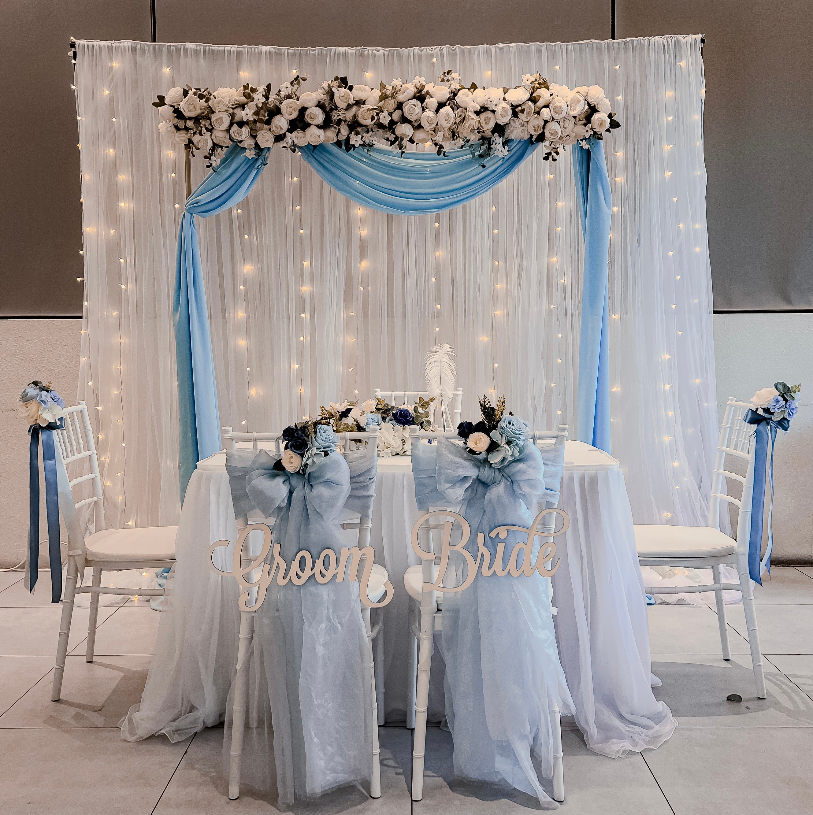 Sweet and Simple Home/Function Room Solemnisation/ROM Decor in Singapore - Blue & White Theme with Fairy-lights (Venue: HomeTeam Khatib)