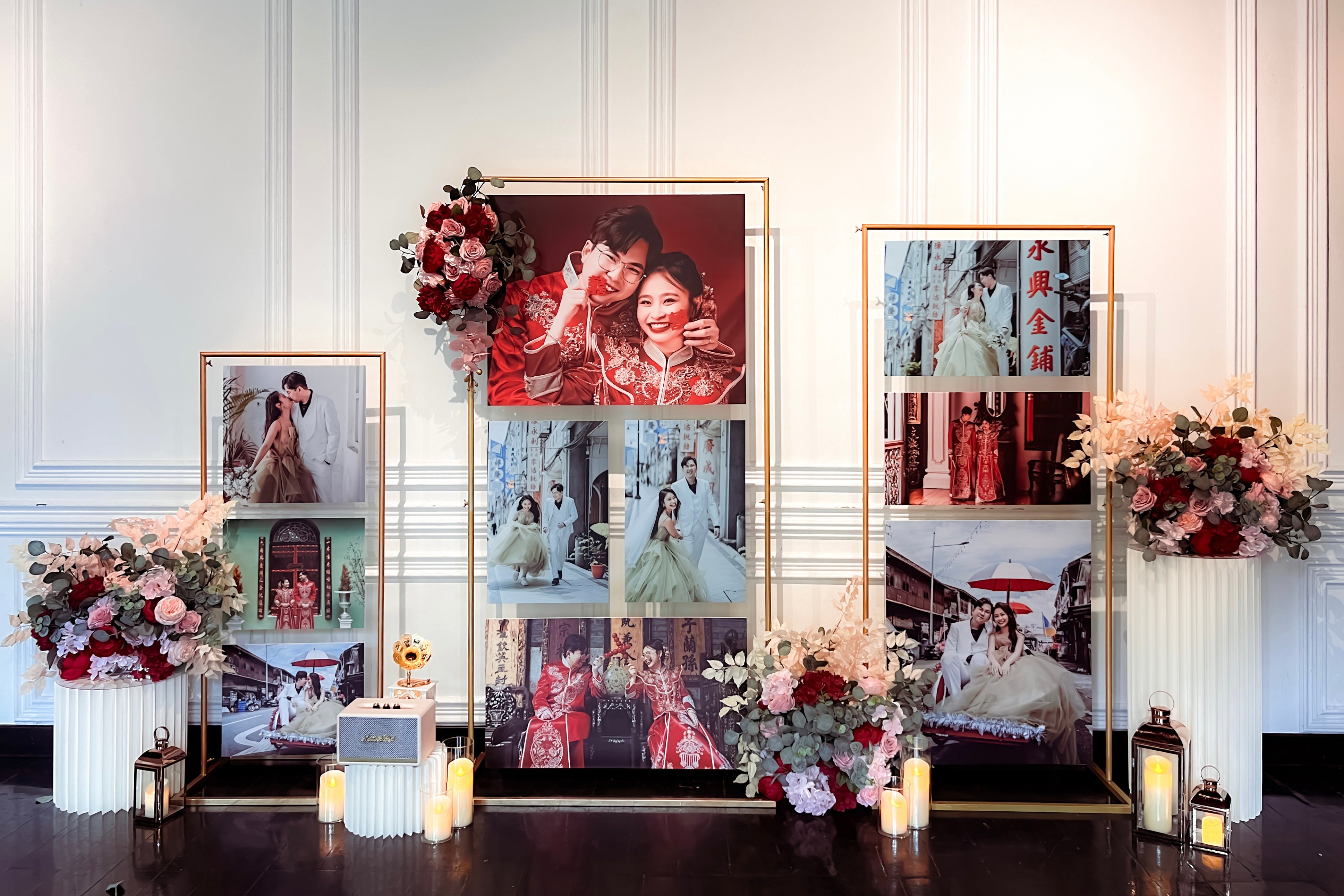 Wedding Reception Decor in Singapore - Multi-stands Photo Gallery with Red & Pink Florals (Venue: The Alkaff Mansion) 