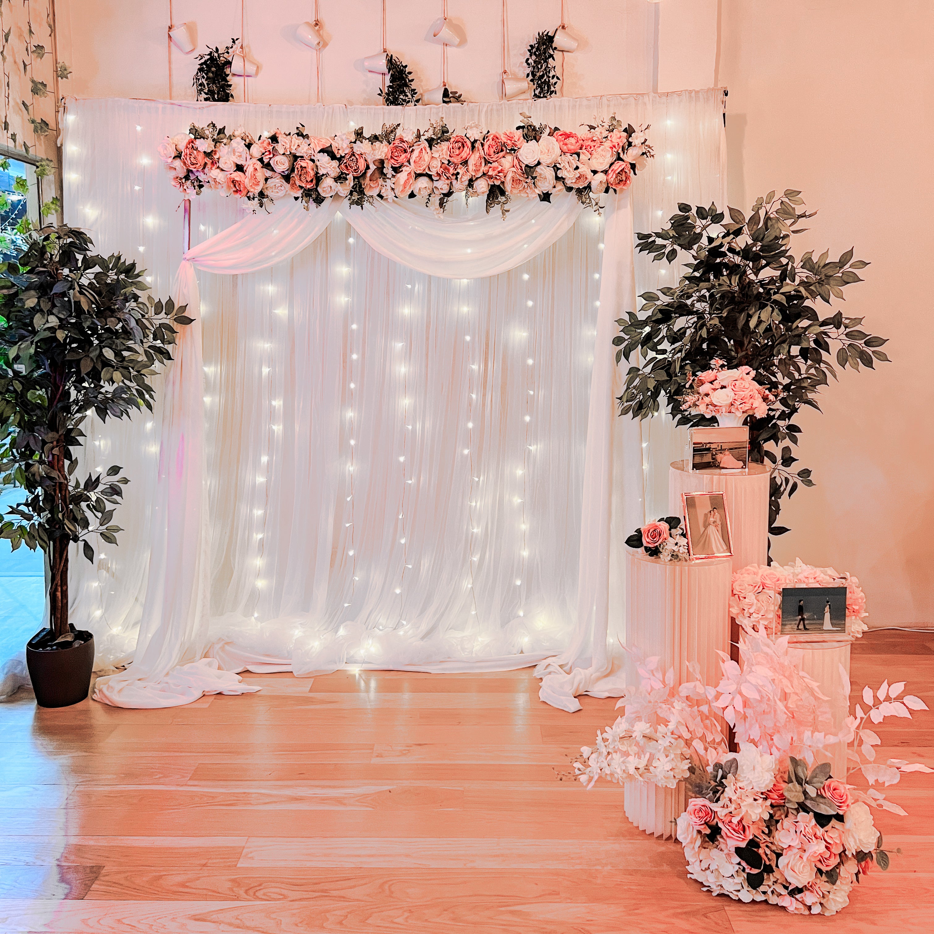 Affordable Wedding/ Solemnisation Decor in Singapore -Pink White Peach Floral Arch with Fairy-lights Backdrop and Photo Stands (Venue: Into The Woods Cafe)