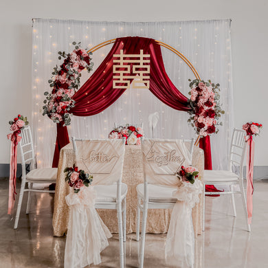 Sweet and Simple Home/Function Room Solemnisation/ROM Decor in Singapore - Pink Red Gold Theme with Round Arch & Fairy-lights & Double Xi