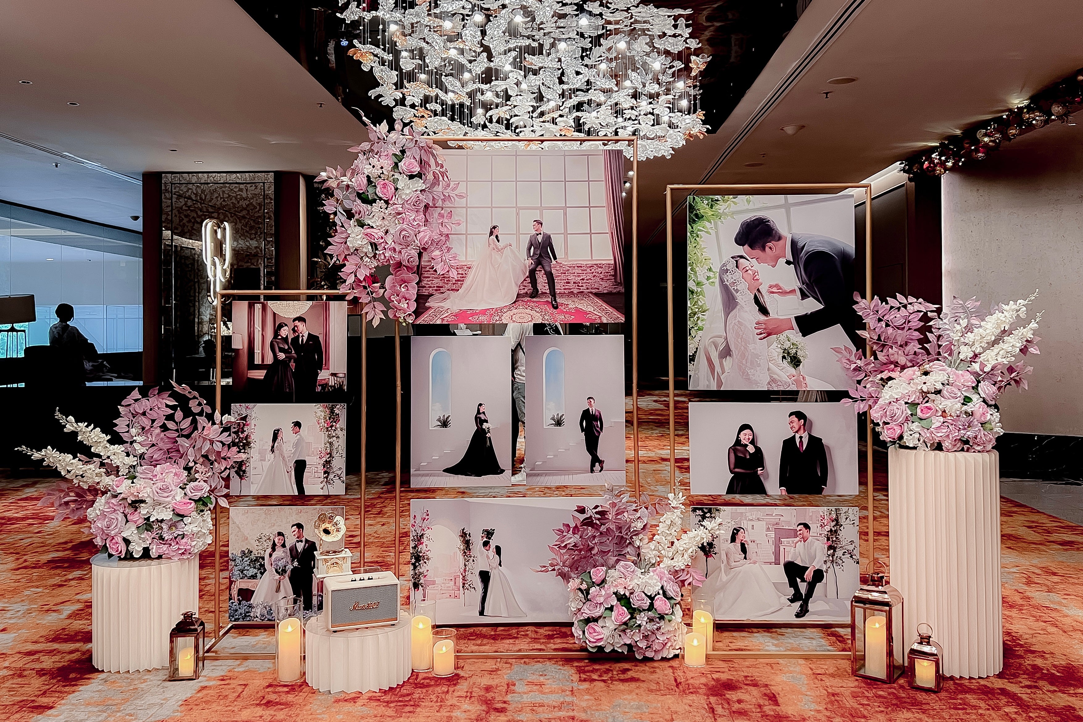 Wedding Reception Decor in Singapore - Multi-stands Photo Gallery with Purple/Lilac White Florals (Venue: Orchard Hotel Singapore)