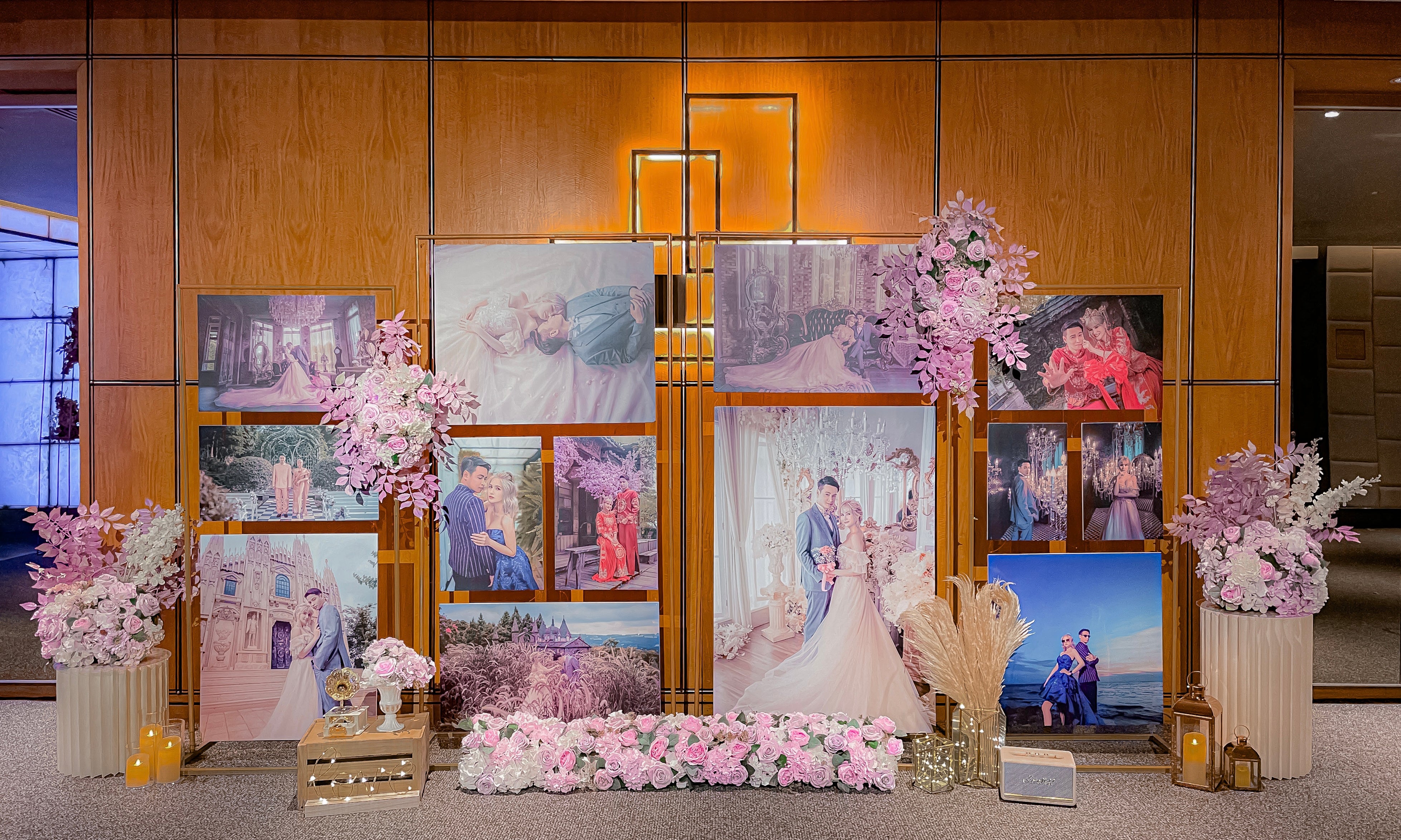 Wedding Reception Decor in Singapore - Multi-stands Photo Gallery with Purple/Lilac & White Florals (Venue: Marriott Tang Plaza Hotel Grand Ballroom)