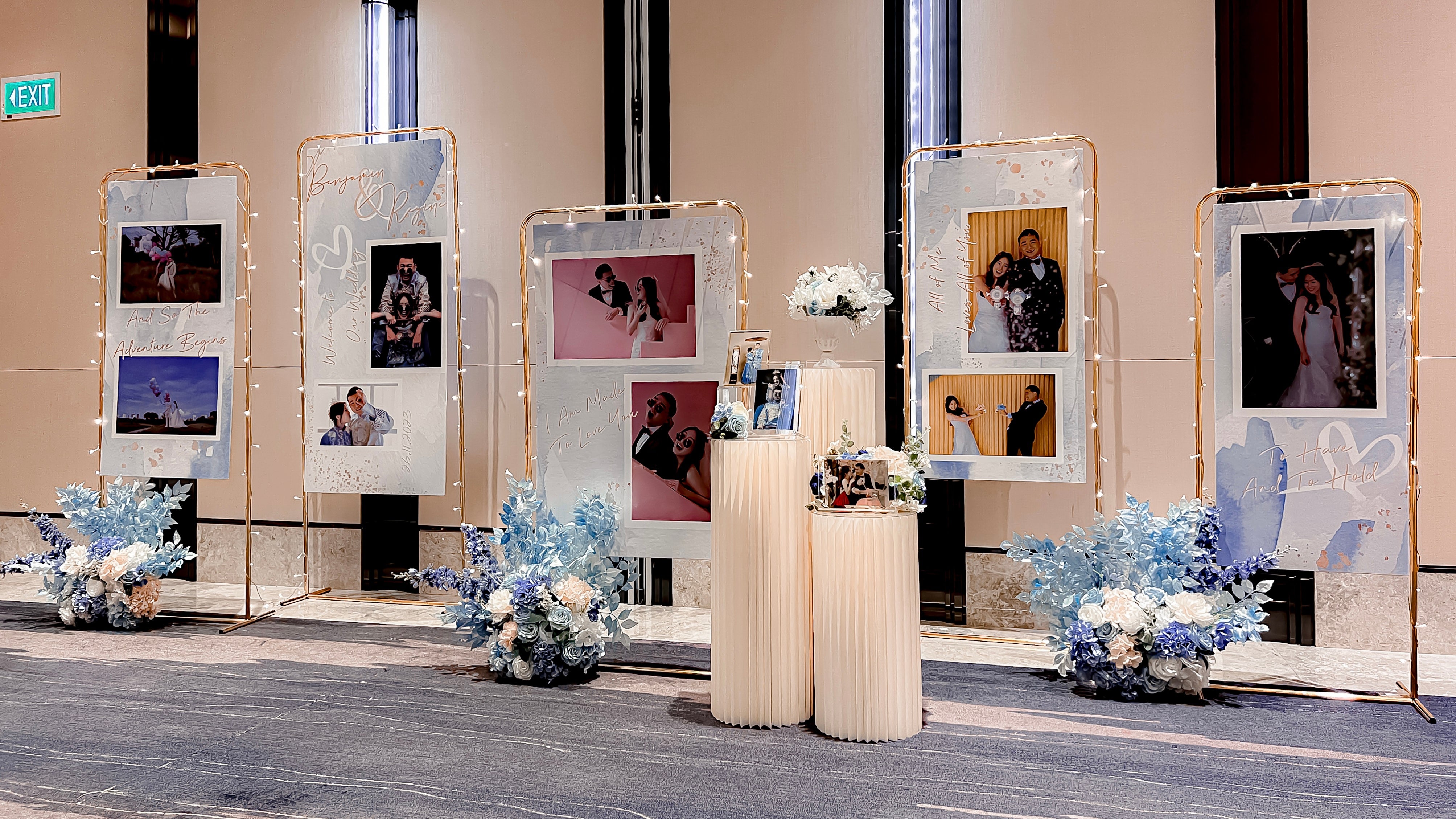 Wedding Reception Decor in Singapore - Multi-stands Photo Gallery with Blue White Peach Florals (Venue: Sofitel Singapore City Centre)
