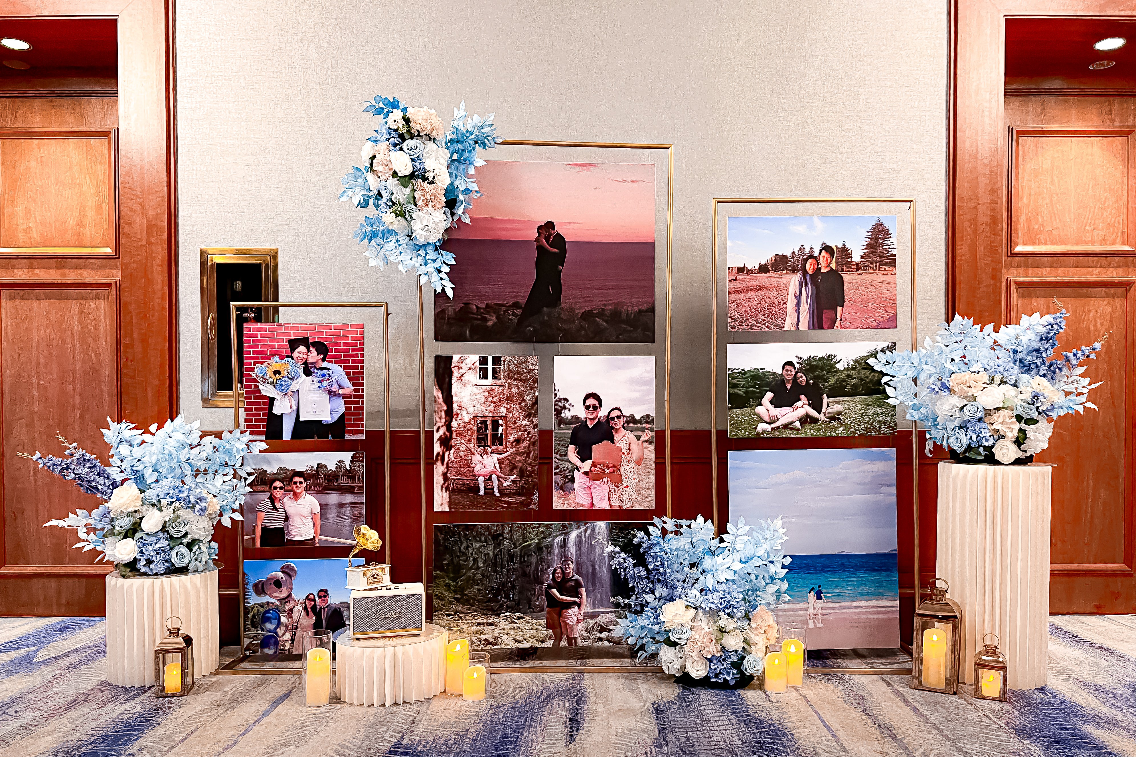 Wedding Reception Decor in Singapore - Multi-stands Photo Gallery with Blue White Peach Florals (Venue: Four Seasons Hotel Singapore) 
