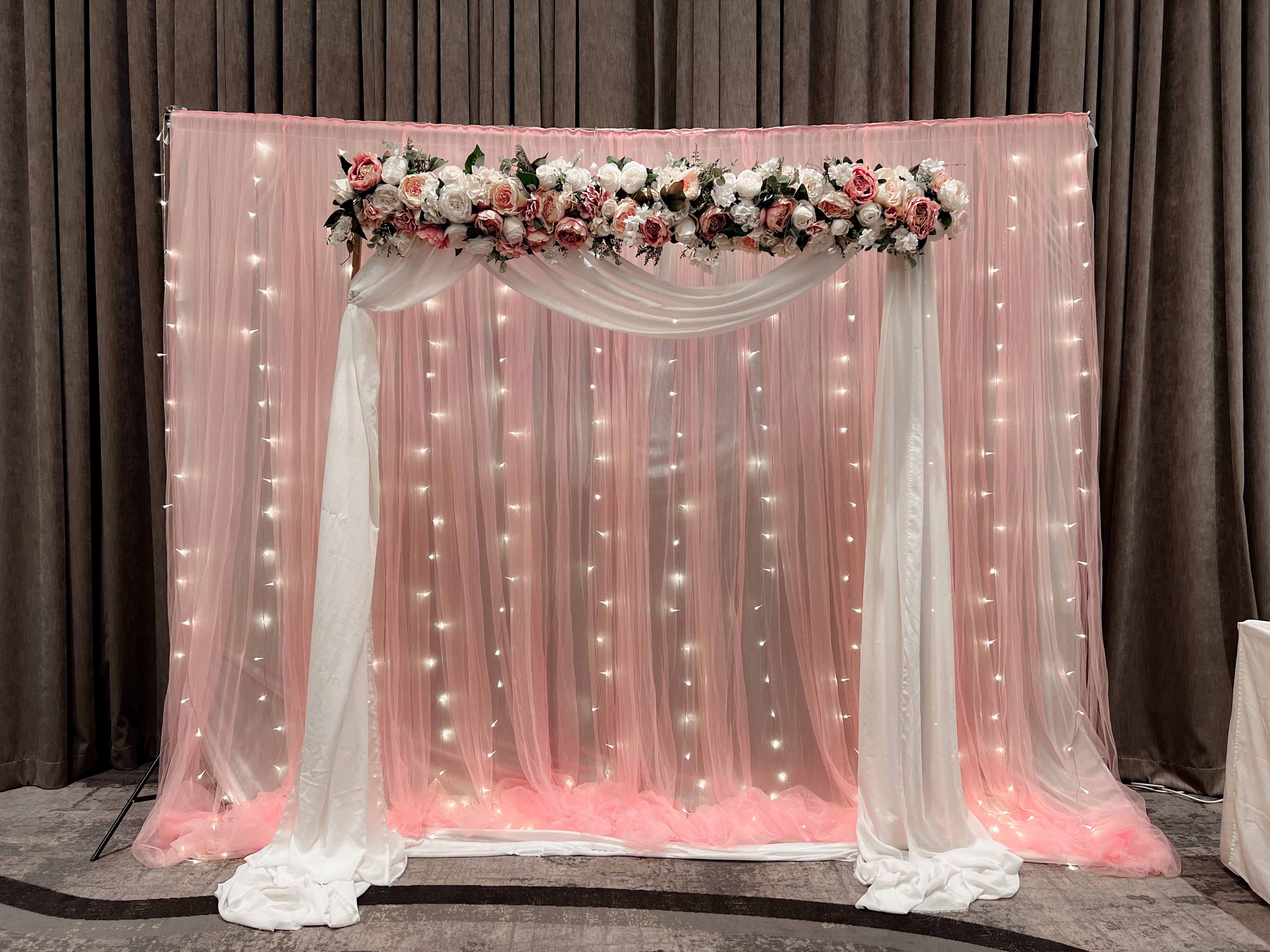 Affordable Wedding/ Solemnisation Decor in Singapore -Pink White Peach Floral Arch with Fairy-lights Backdrop (Venue: Hilton Singapore Orchard)