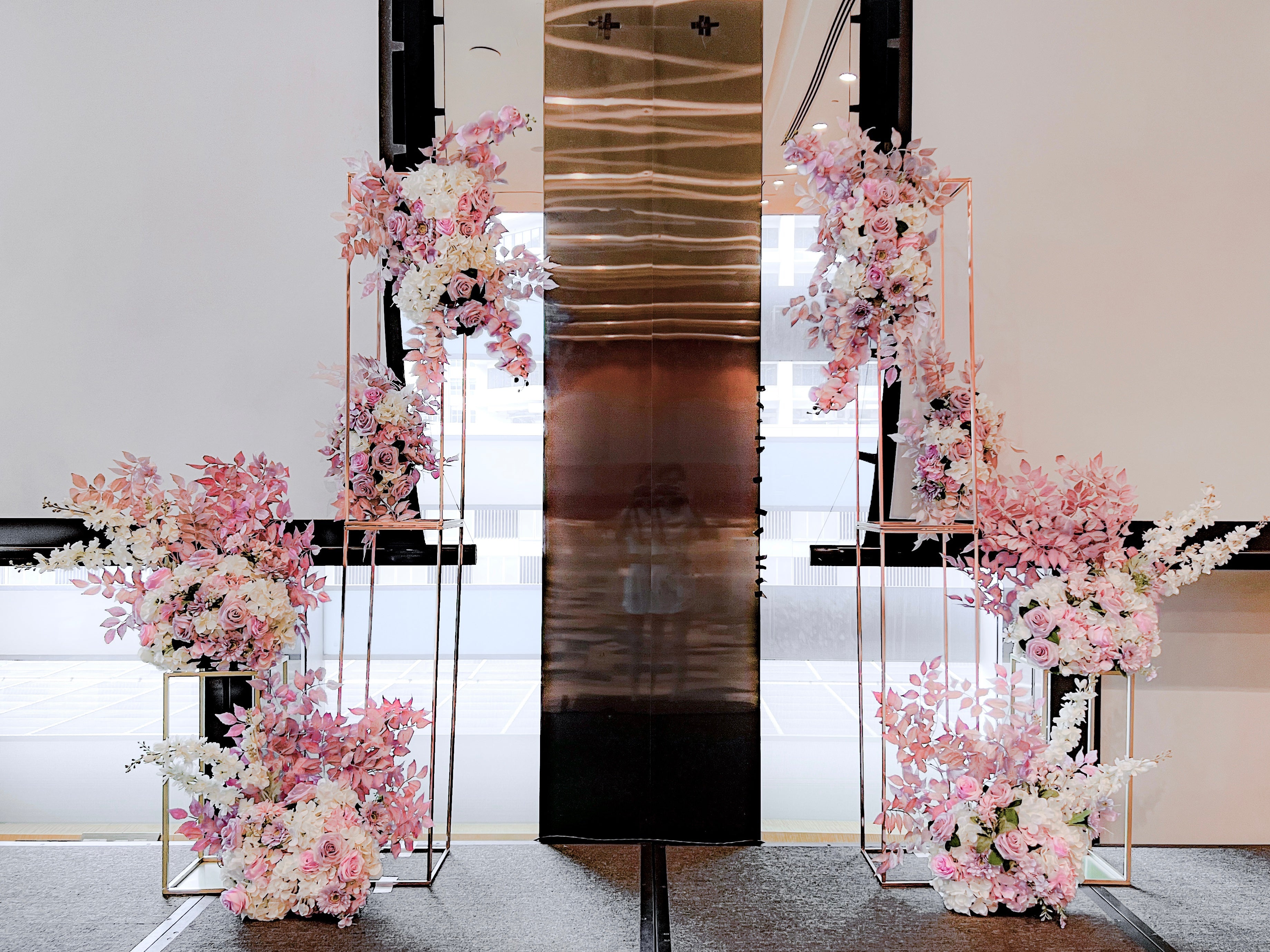 Wedding/ Solemnisation Decor in Singapore -Purple/Lilac & White Floral Column Arch w. Fairylights Backdrop suitable for Indoor/Outdoor (Venue: Sofitel Singapore City Centre)