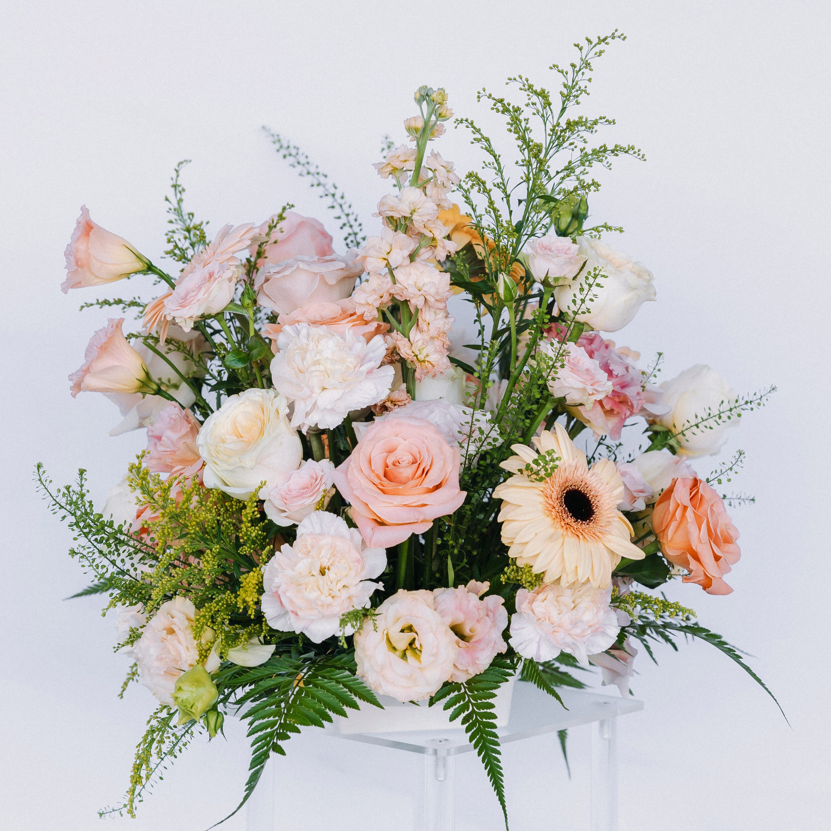 Fresh Flower Centrepiece: Luxury Tall ; Singapore Wedding Essentials ; VIP Guests Table Styling ; Yellow & Coral Flowers