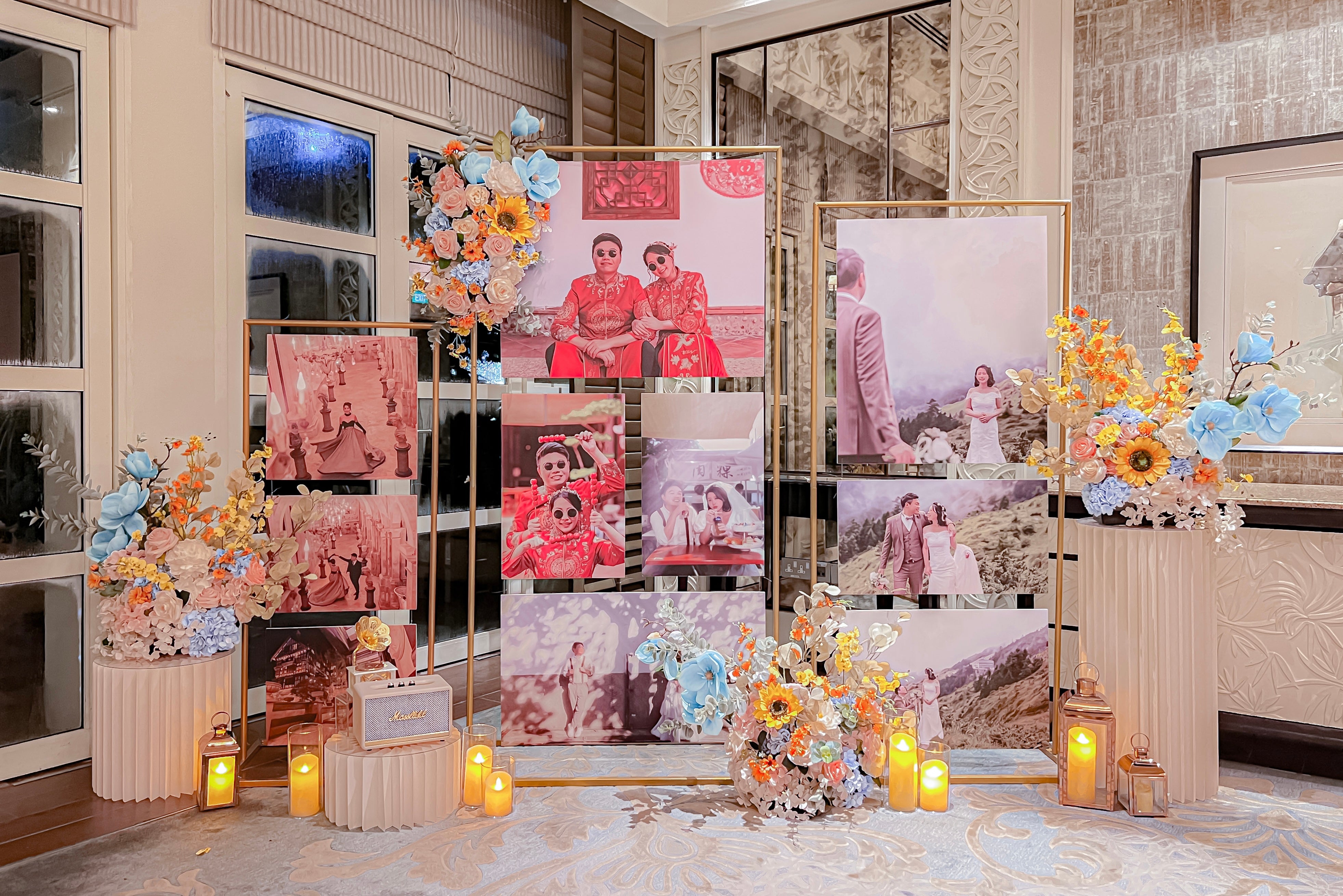 Wedding Reception Decor in Singapore - Multi-stands Photo Gallery with Blue Pink Yellow Orange Florals (Venue: Shangri-La Singapore Dutch Pavillion) 