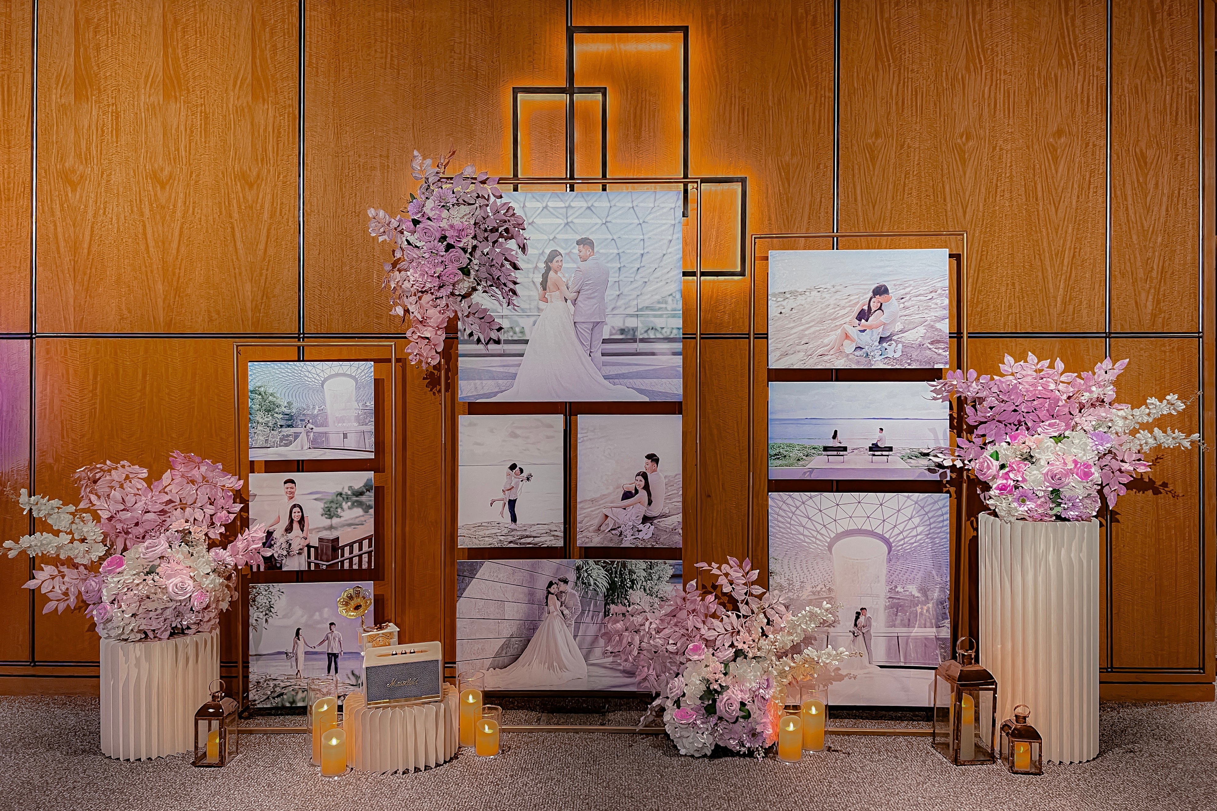 Wedding Reception Decor in Singapore - Multi-stands Photo Gallery with Purple/Lilac White Florals (Venue: Marriot Tang Plaza Hotel Grand Ballroom)