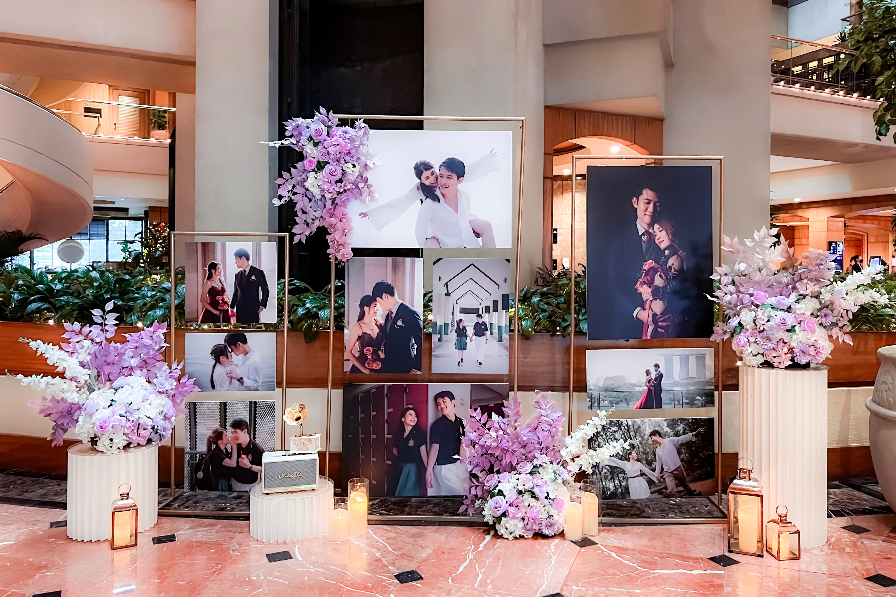 Wedding Reception Decor in Singapore - Multi-stands Photo Gallery with Purple/Lilac White Florals (Venue: Conrad Singapore Orchard) 