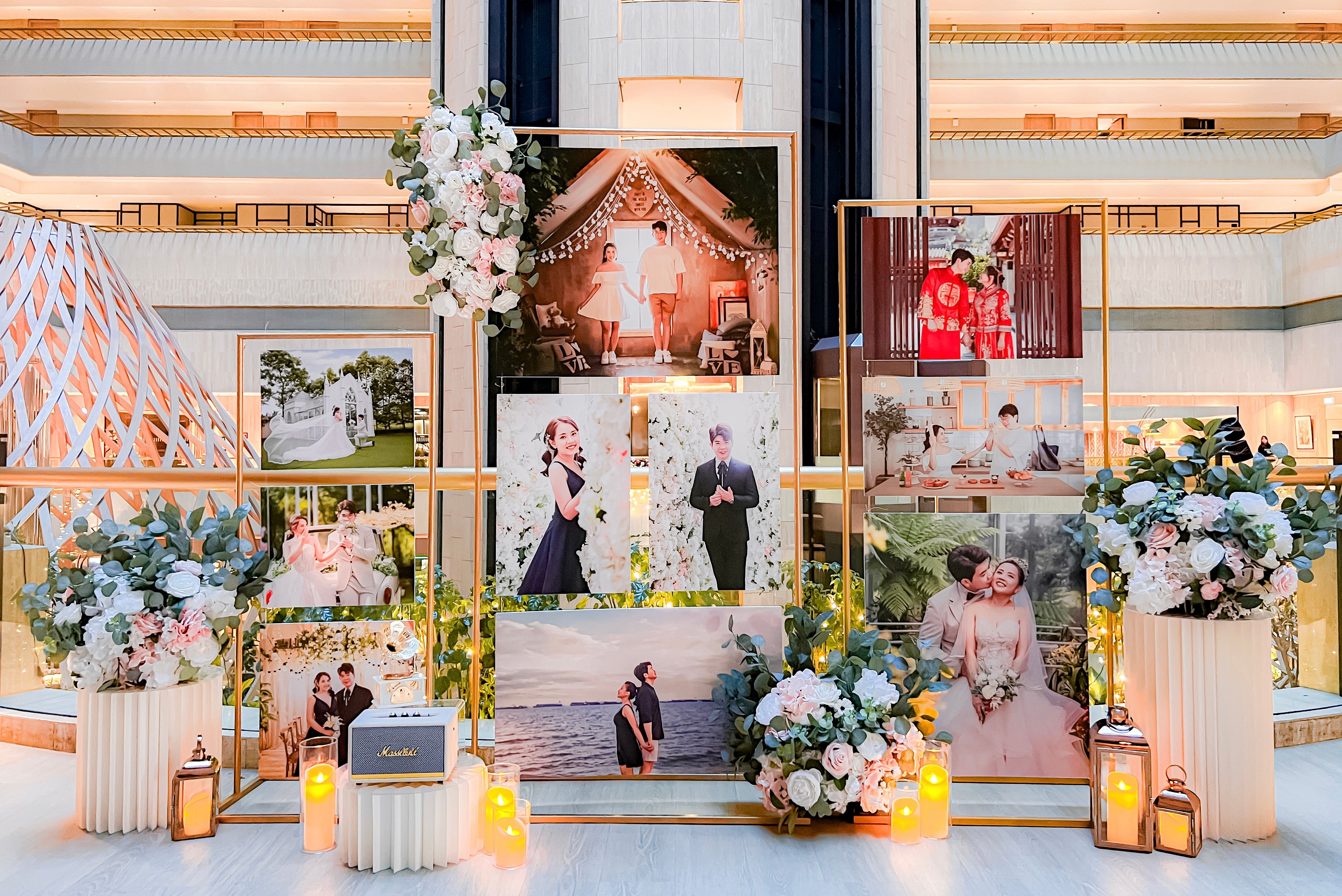 Wedding Reception Decor in Singapore - Multi-stands Photo Gallery with Pink & White Peach Florals (Venue: Parkroyal Collection Marina Bay Atrium Ballroom)