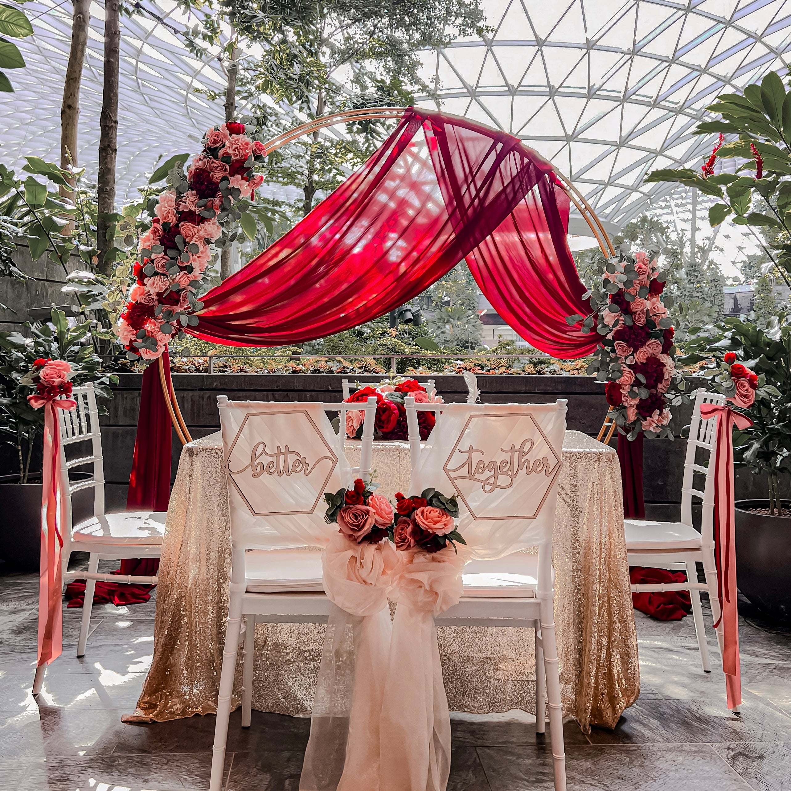 Sweet and Simple Home/Function Room Solemnisation/ROM Decor in Singapore - Pink Red Gold Theme with Round Arch (Venue: Jewel Changi)