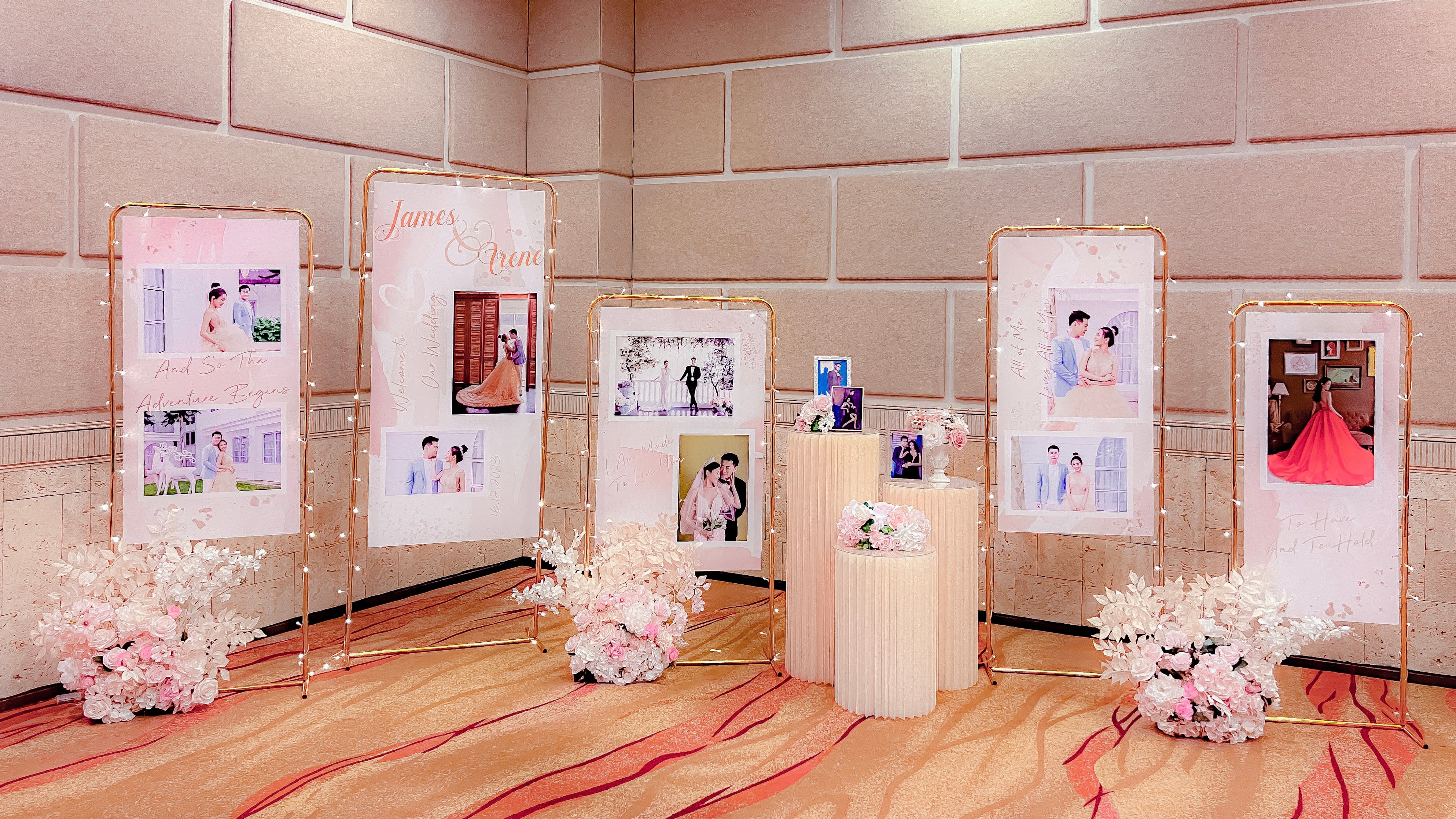Wedding Reception Decor in Singapore - Multi-stands Photo Gallery with Pink & White Florals (Venue: Shangri-La Rasa Sentosa)