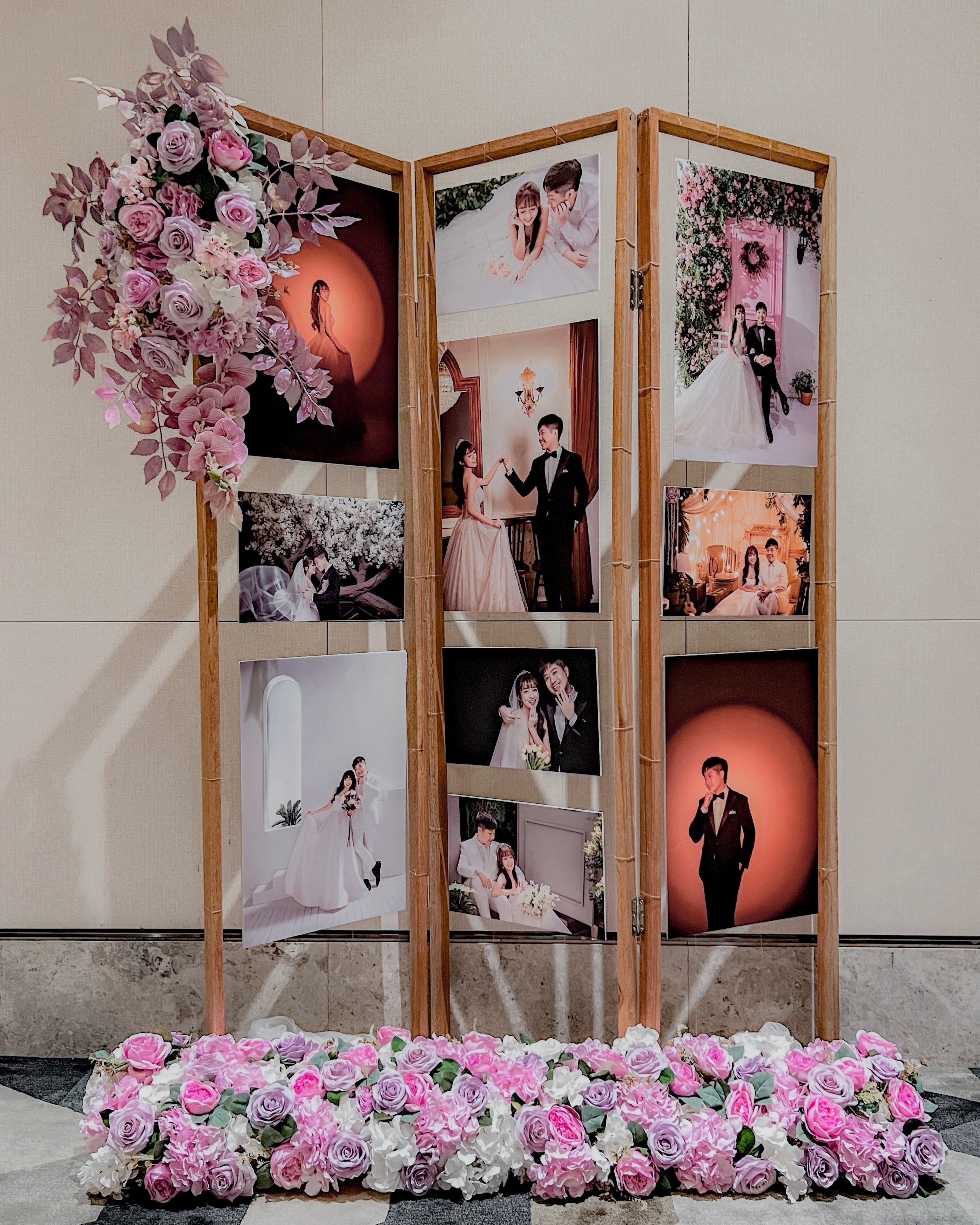 Affordable Wedding Reception Decor in Singapore - Rustic Photo Gallery with Purple/Lilac & White Florals (Venue: Sofitel Singapore City Centre)