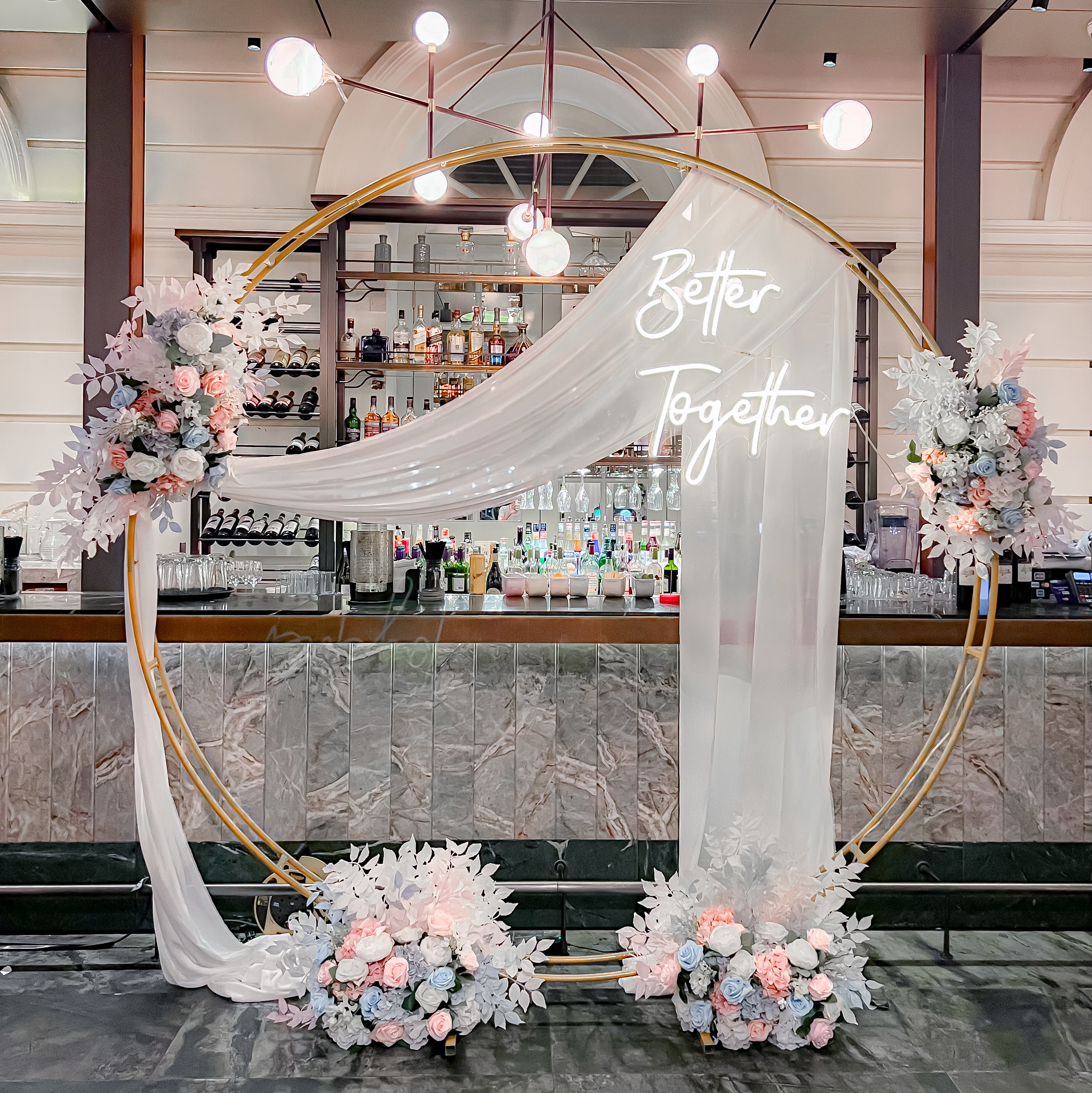 Wedding Stage Decor in Singapore - Red & Pink Theme Floral Arch with Better Together Neon Signage suitable for Indoor/Outdoor (Venue: Empress)