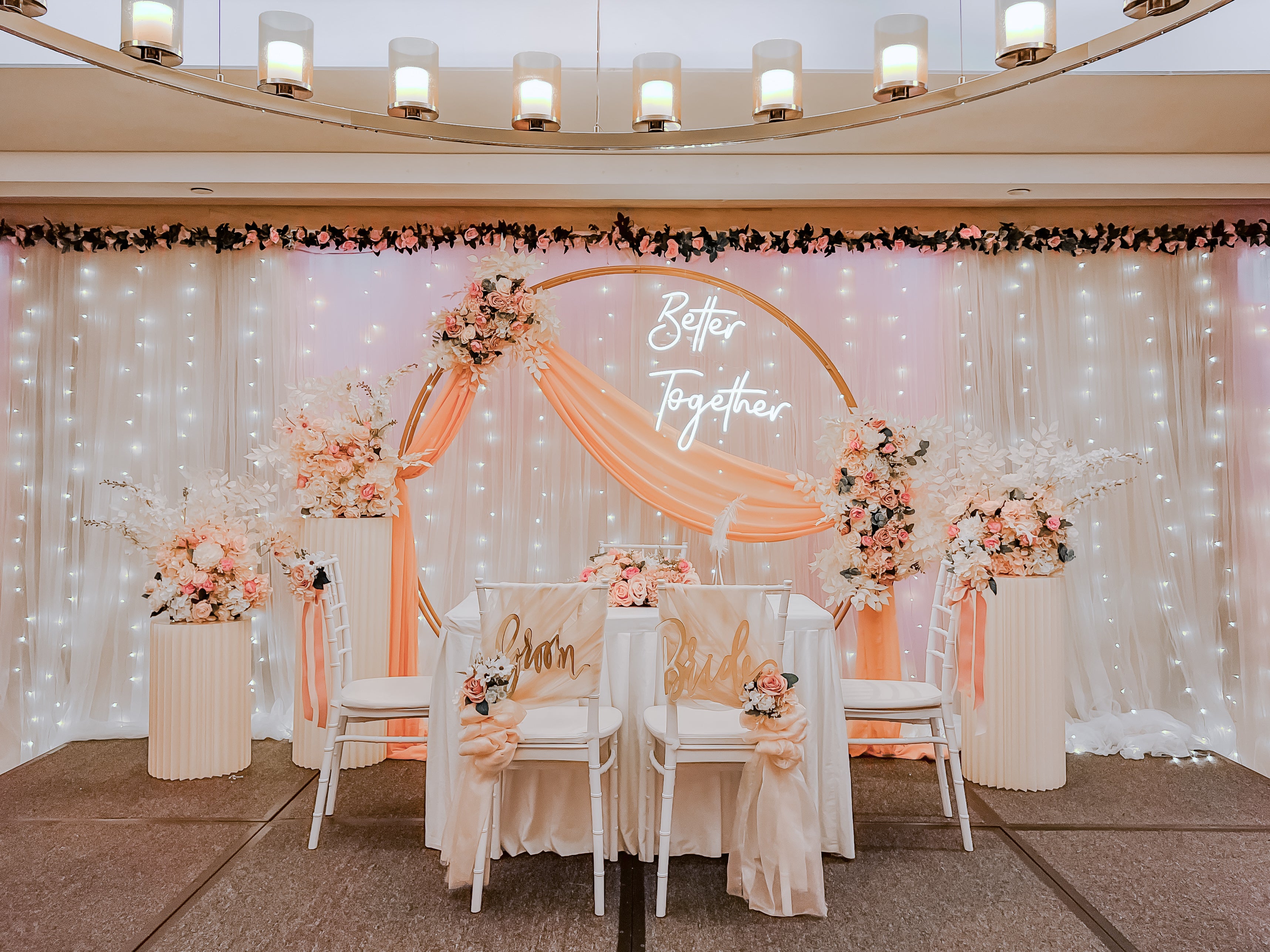 Sweet and Elegant Ballroom Stage Solemnisation/ROM Decor in Singapore - Pink White Peach Theme with Round Arch & Fairy-lights (Venue: Carlton Hotel Sg) 
