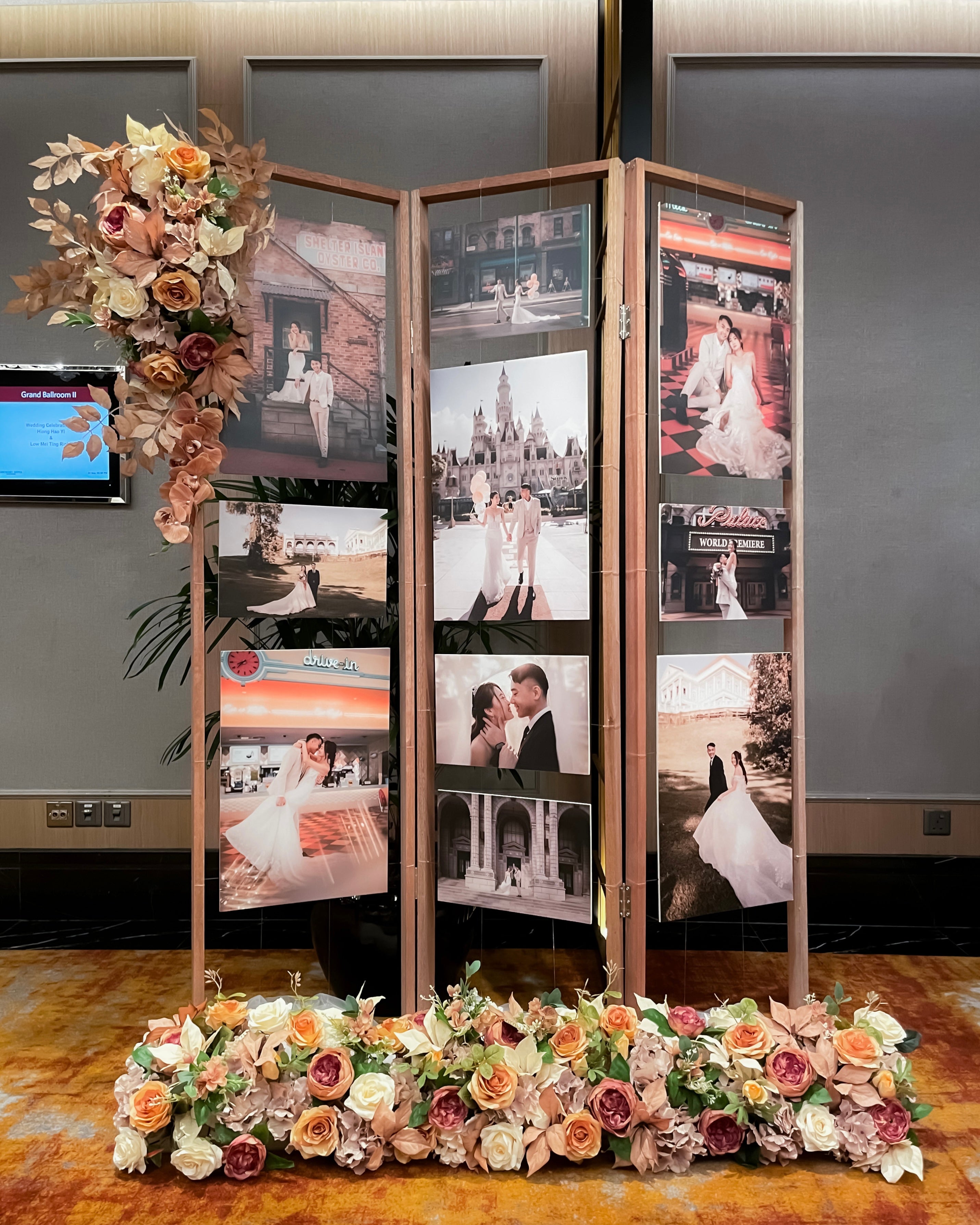 Affordable Wedding Reception Decor in Singapore - Rustic Photo Gallery with Brown & Cream Florals in Autumn Theme (Venue: Orchard Hotel)