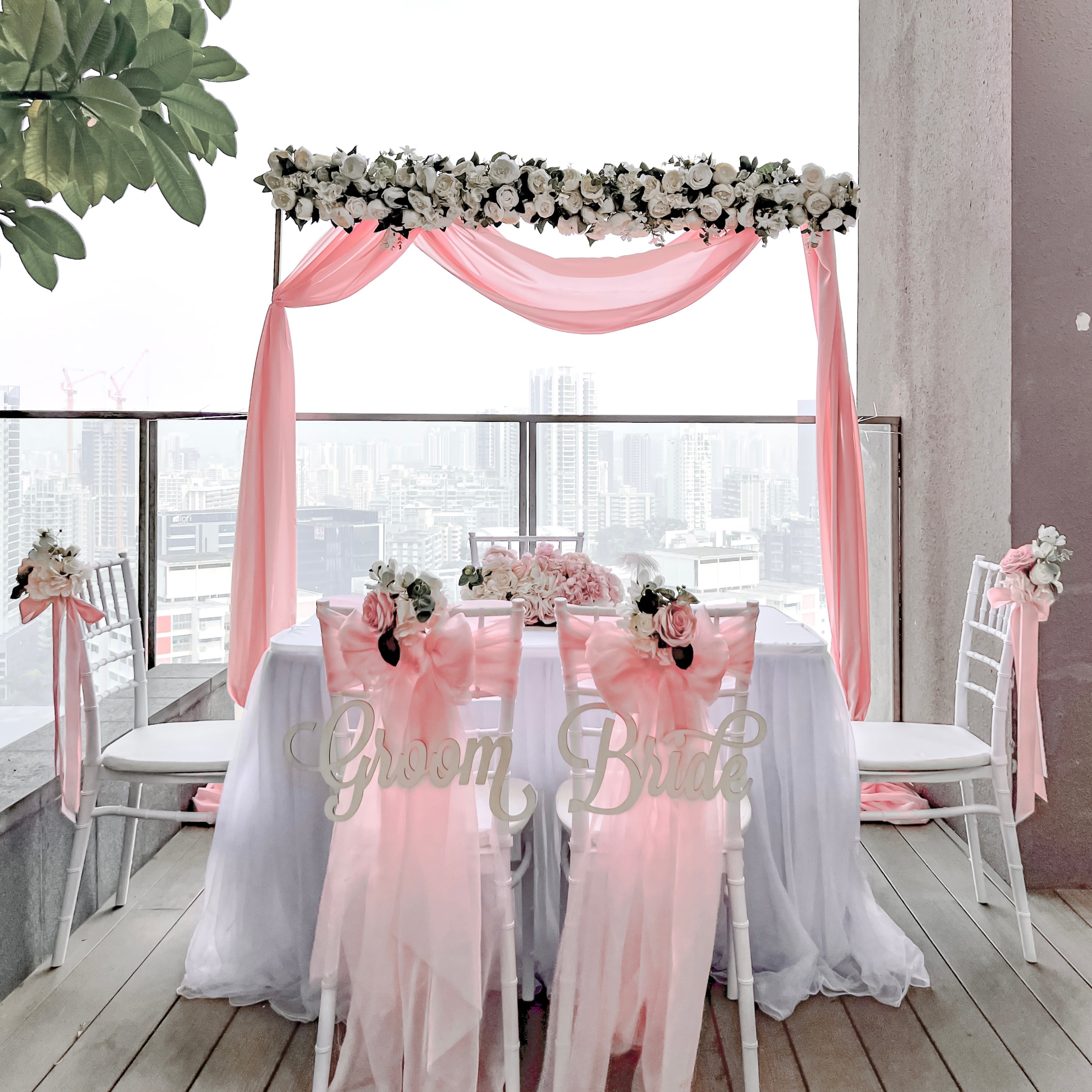 Sweet and Simple Outdoor Solemnisation/ROM Decor in Singapore - Pink & White Theme with Fairy-lights