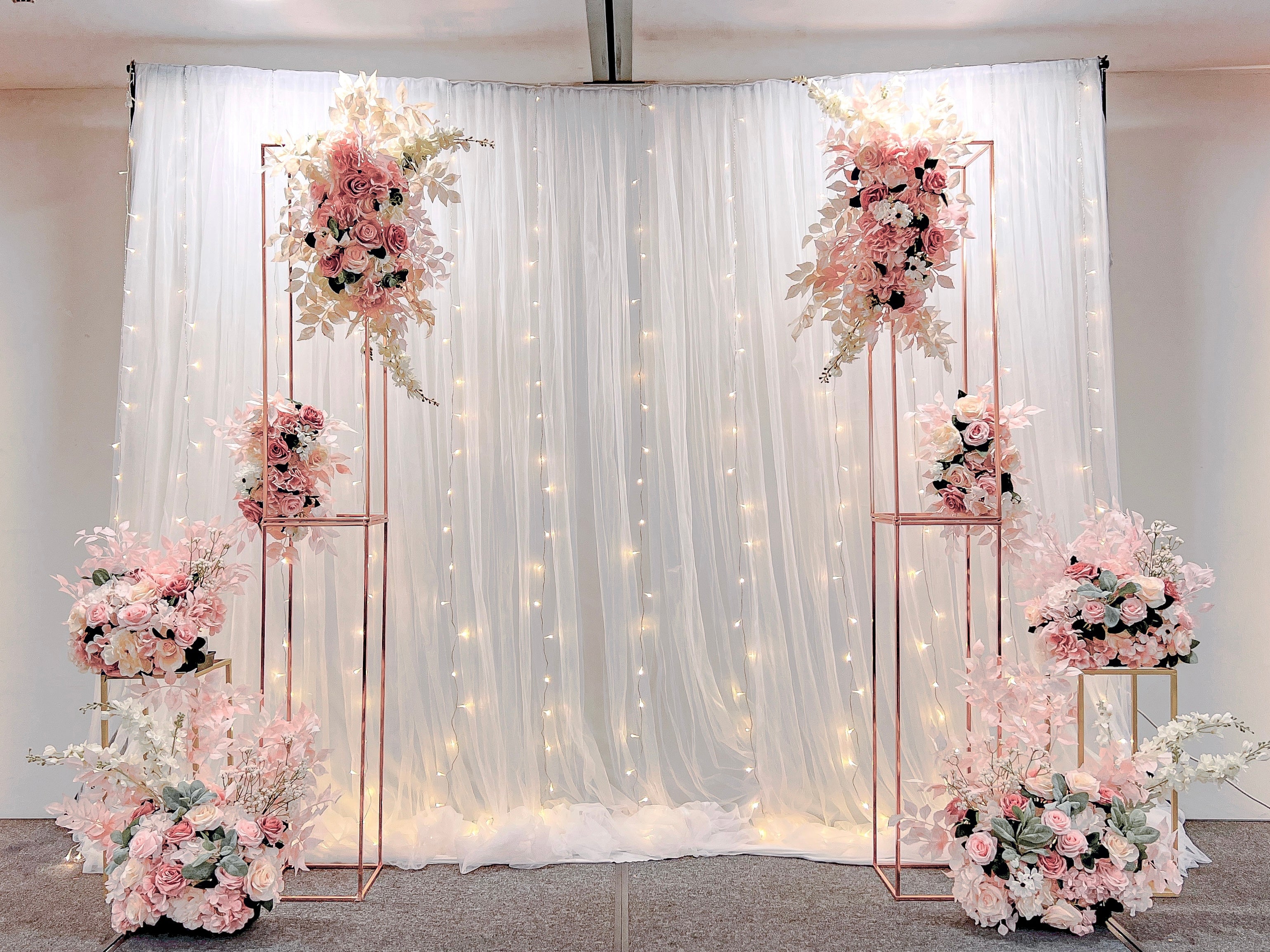 Wedding/ Solemnisation Decor in Singapore -Pink White Peach Floral Column Arch w. Fairylights Backdrop suitable for Indoor/Outdoor