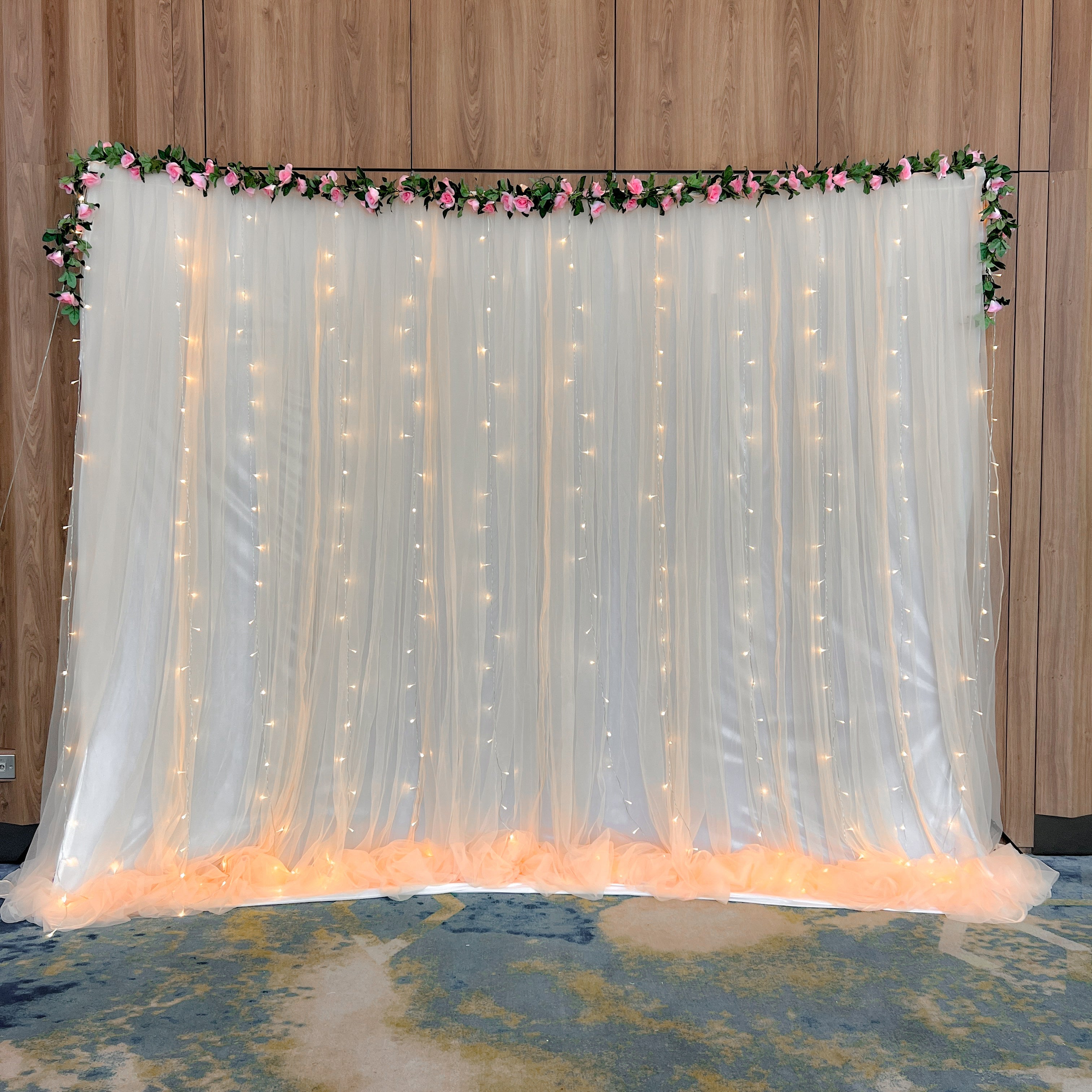  Affordable Wedding/Solemnisation Decor in Singapore - Peach Backdrop with Fairylights & Pink Floral Veins (Venue: Pan Pacific Singapore)