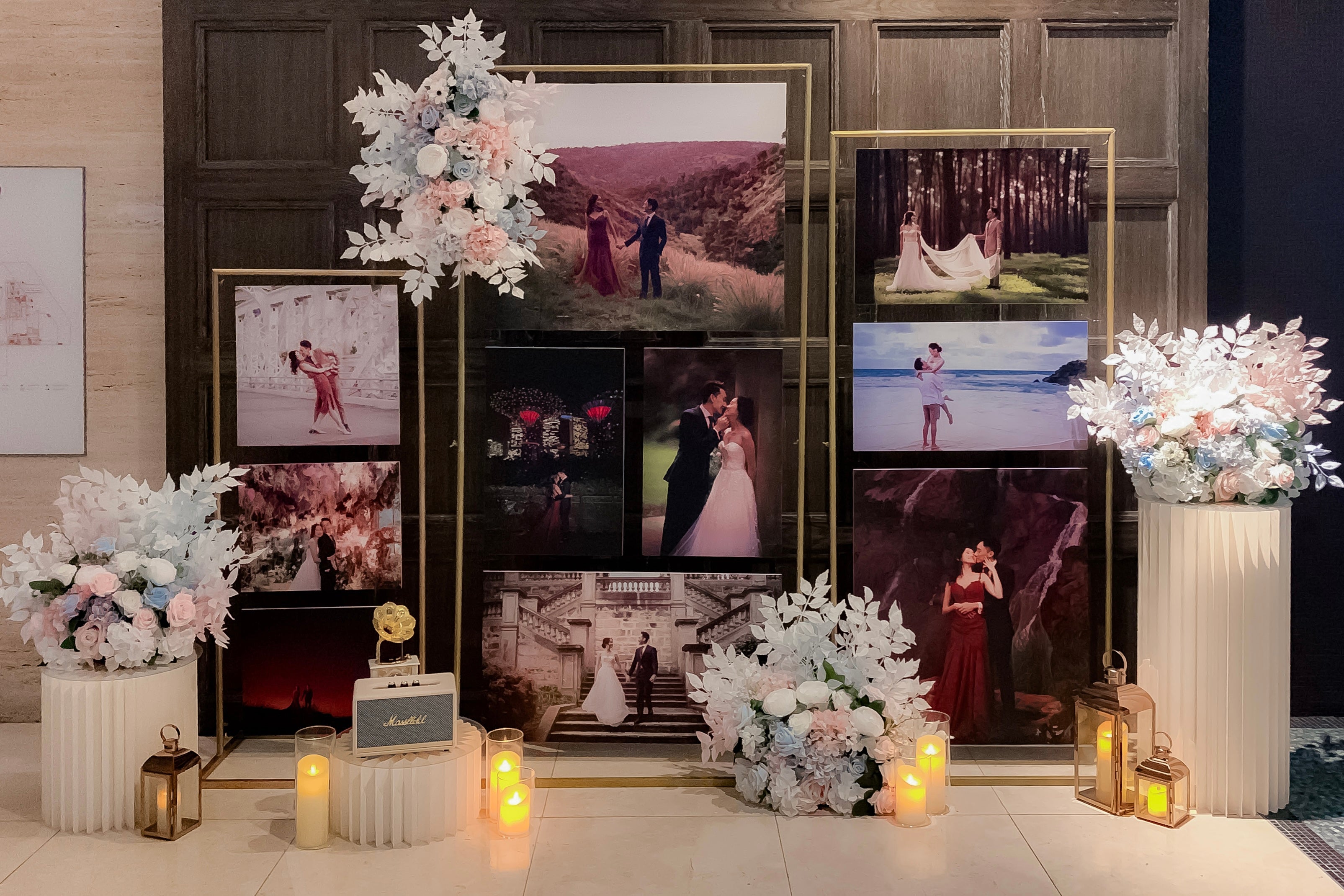 Wedding Reception Decor in Singapore - Multi-stands Photo Gallery with Blue Pink White Florals (Venue: Artemis Grill & Sky Bar) 