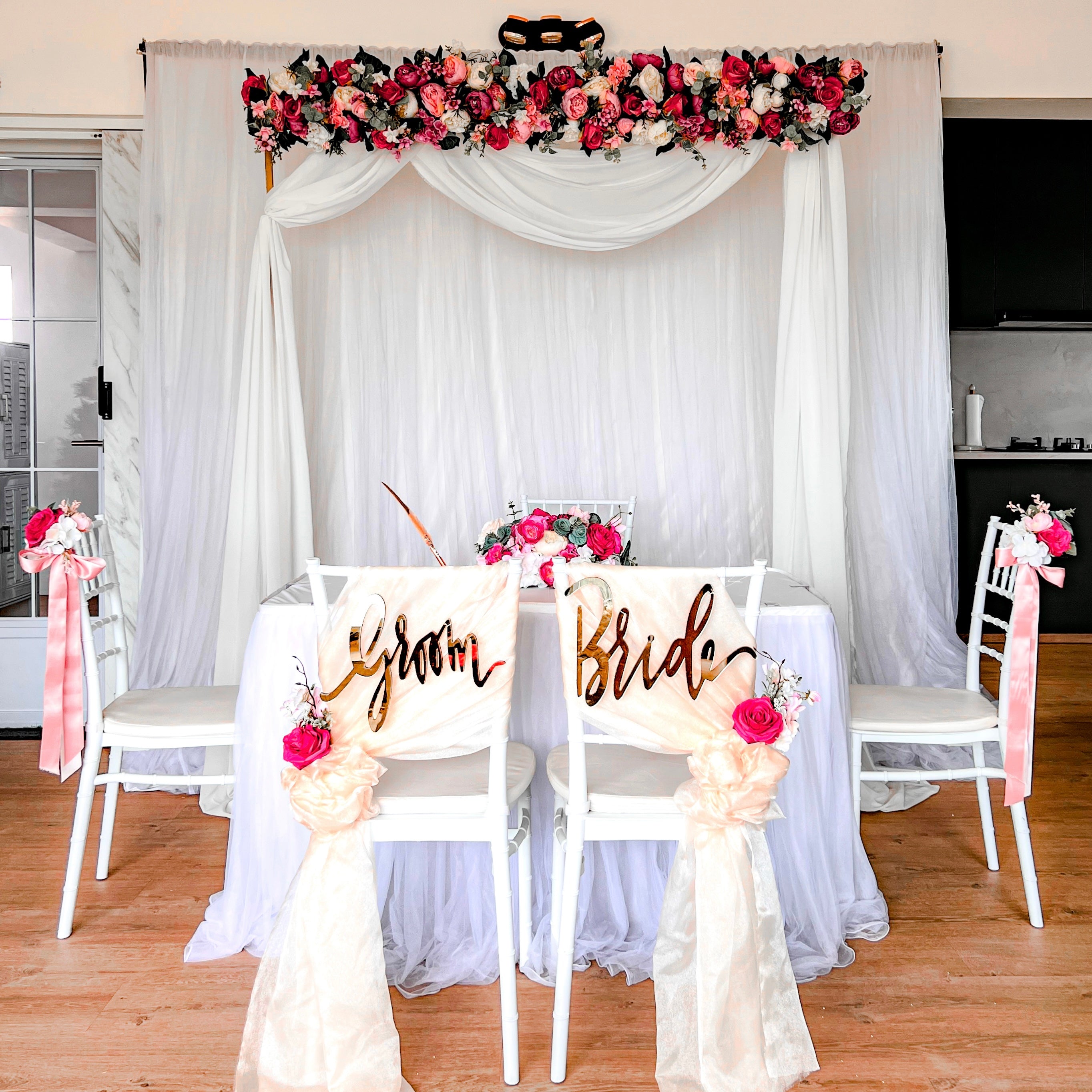 Sweet and Simple Home/Function Room Solemnisation/ROM Decor in Singapore - Pink & White Theme with Fairy-lights