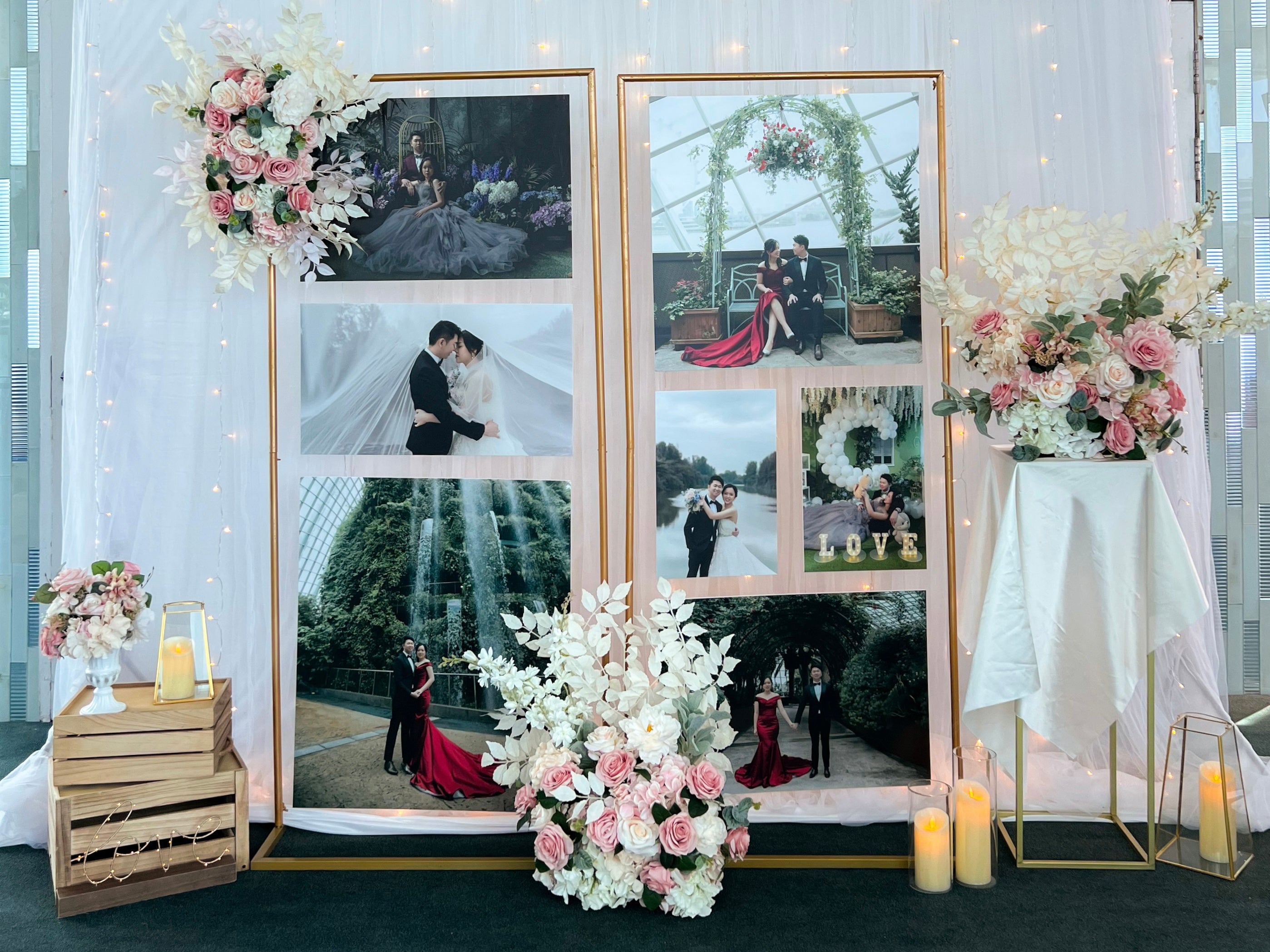 Wedding Reception Decor in Singapore - Multi-stands Photo Gallery with Pink & White Florals (Venue: ONE°15 Marina Sentosa Cove)