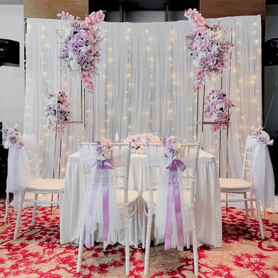 Sweet and Simple Home/ Function Room Solemnisation/ROM Decor in Singapore - Purple/Lilac & White Theme with Column Floral Arch & Fairy-lights (Venue: Fu Lin Men) 