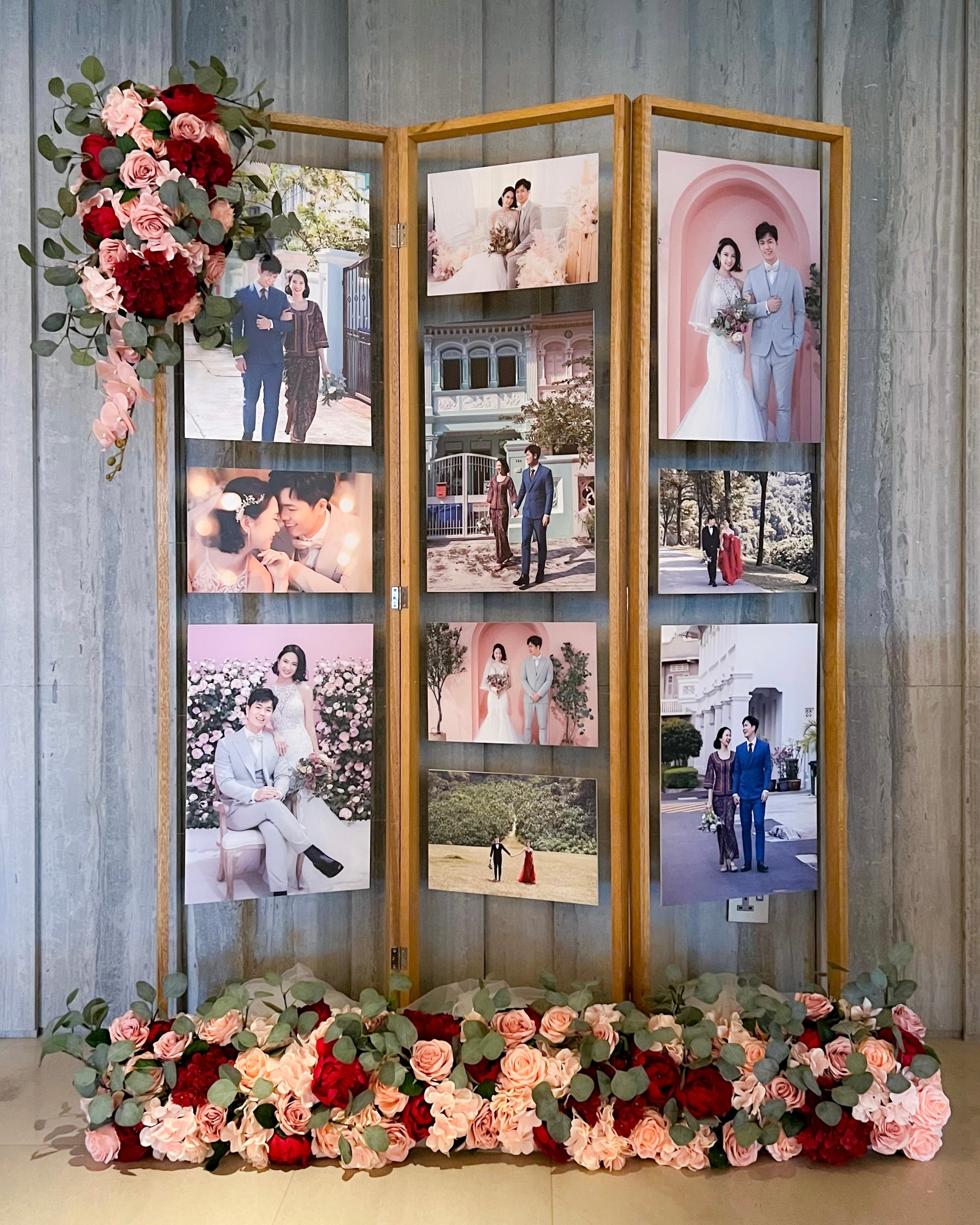 Affordable Wedding Reception Decor in Singapore - Rustic Photo Gallery with Pink & Red Florals (Venue: Andaz)