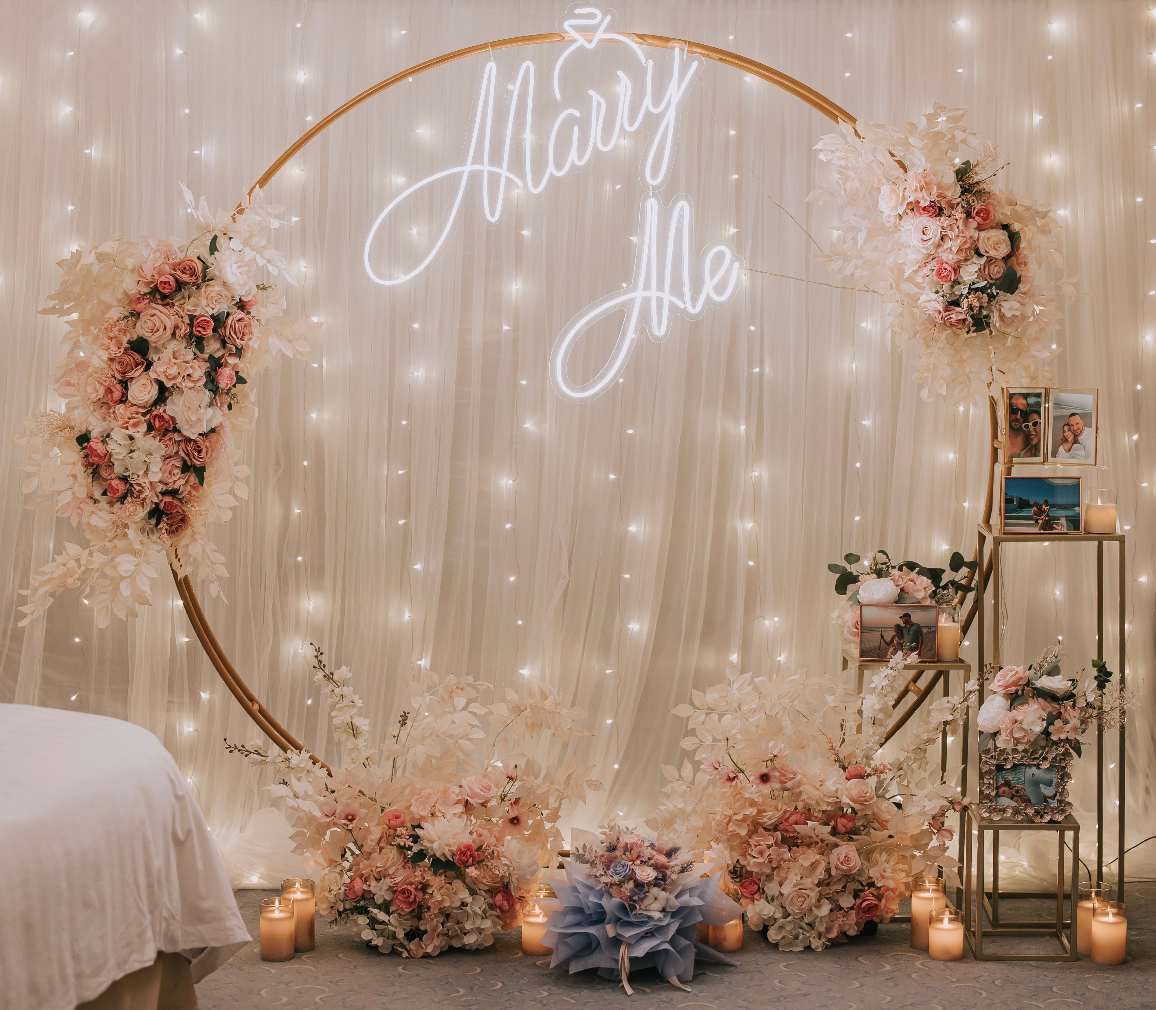 Romantic Hotel Room Proposal Decor in Shangri-La Singapore with Fairylight Backdrop and Floral Arch by Style It Simply