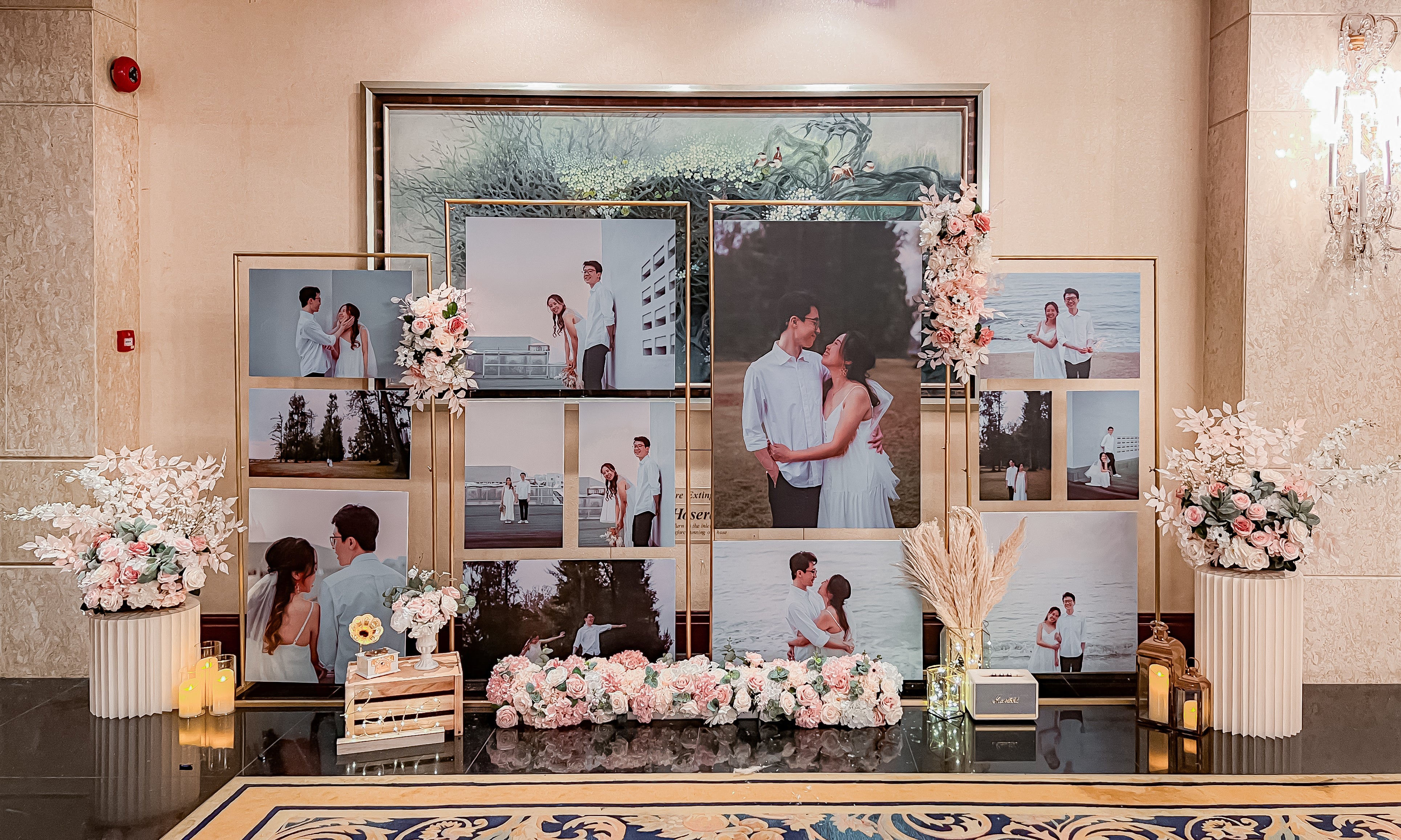 Wedding Reception Decor in Singapore - Multi-stands Photo Gallery with Pink White Peach Florals (Venue: Shangri-La Singapore)