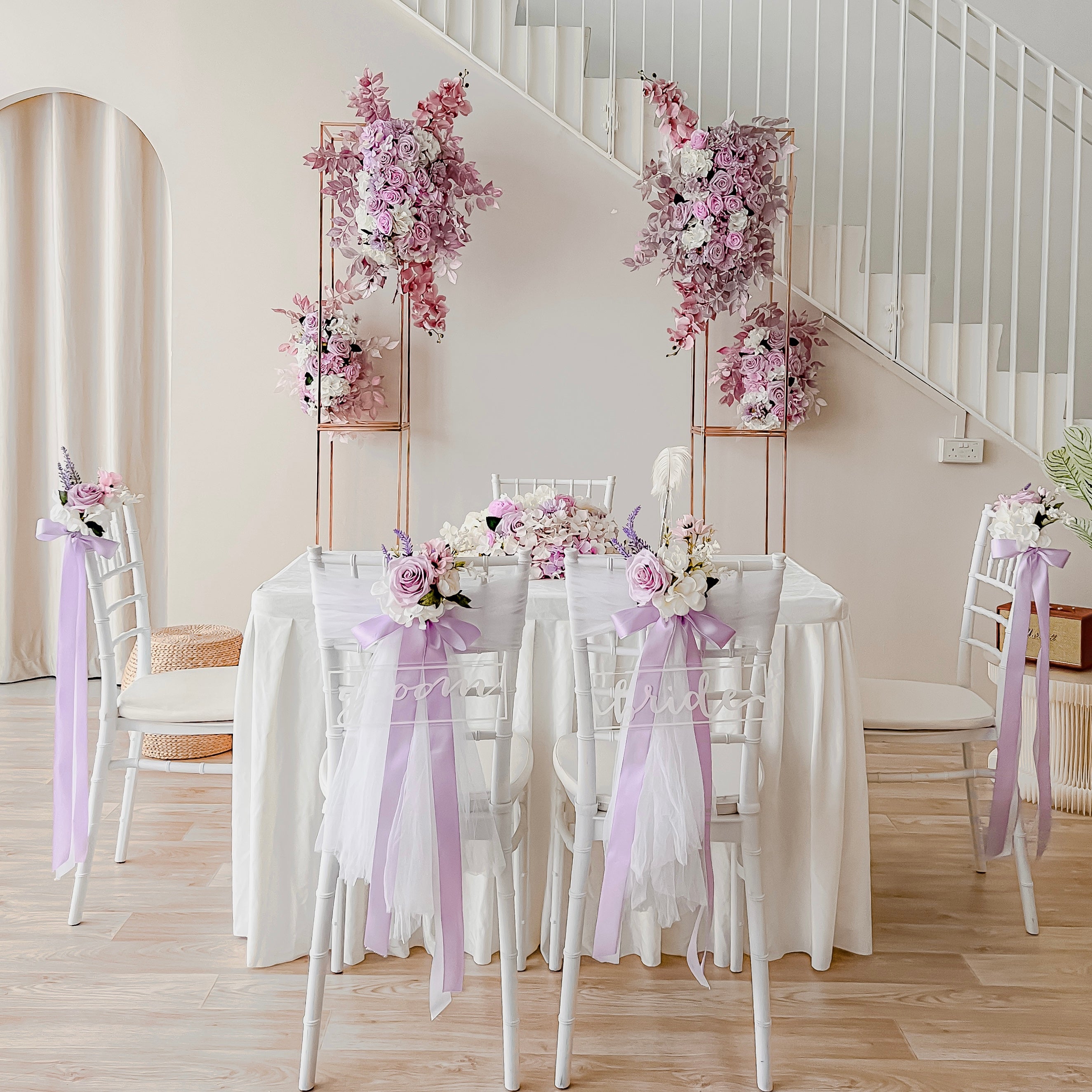 Sweet and Simple Home/ Function Room Solemnisation/ROM Decor in Singapore - Purple/Lilac & White Theme with Column Floral Arch (Venue: POP Studio)