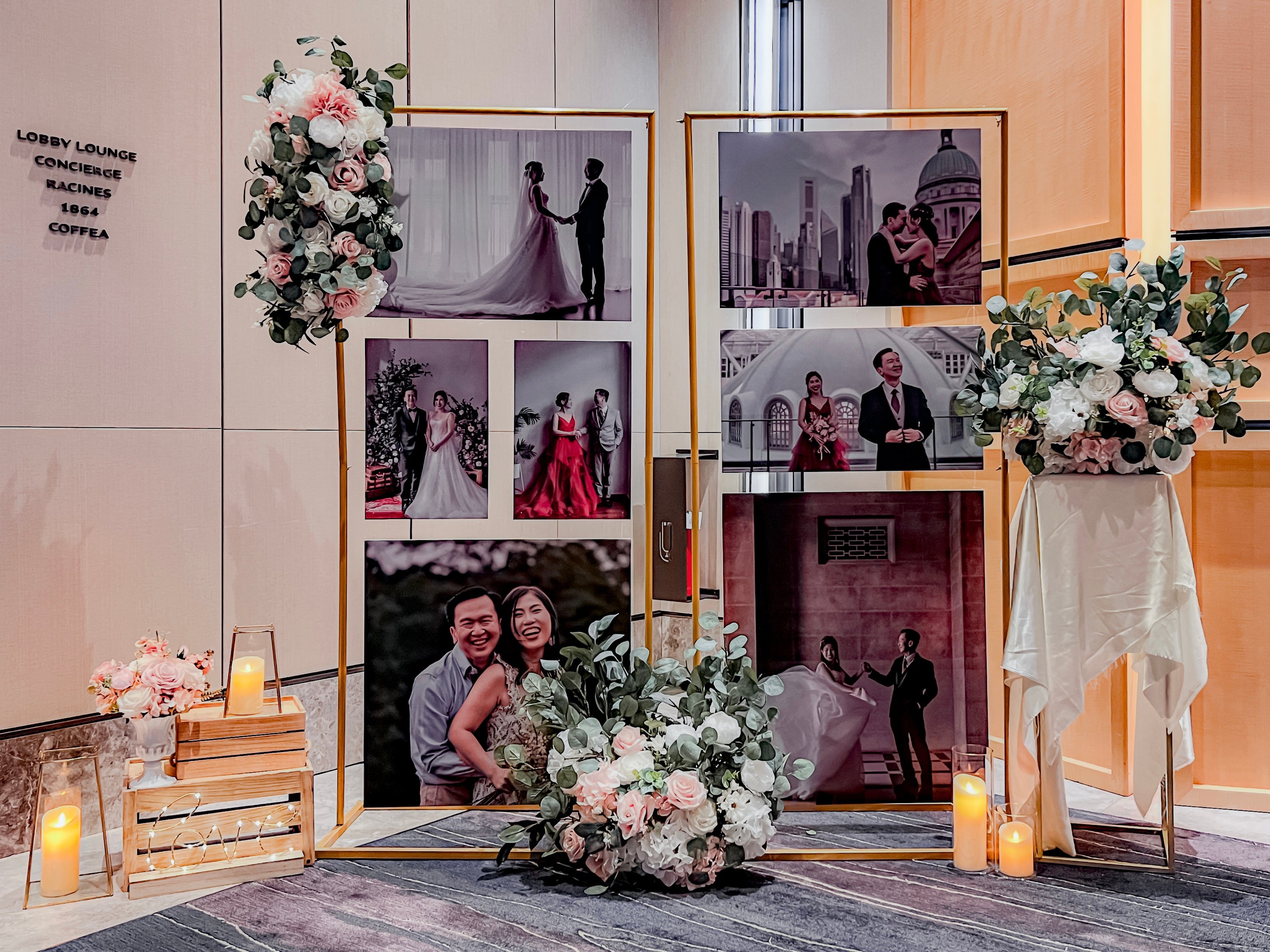 Wedding Reception Decor in Singapore - Multi-stands Photo Gallery with Pink & White Florals (Venue: Sofitel Singapore City Centre)