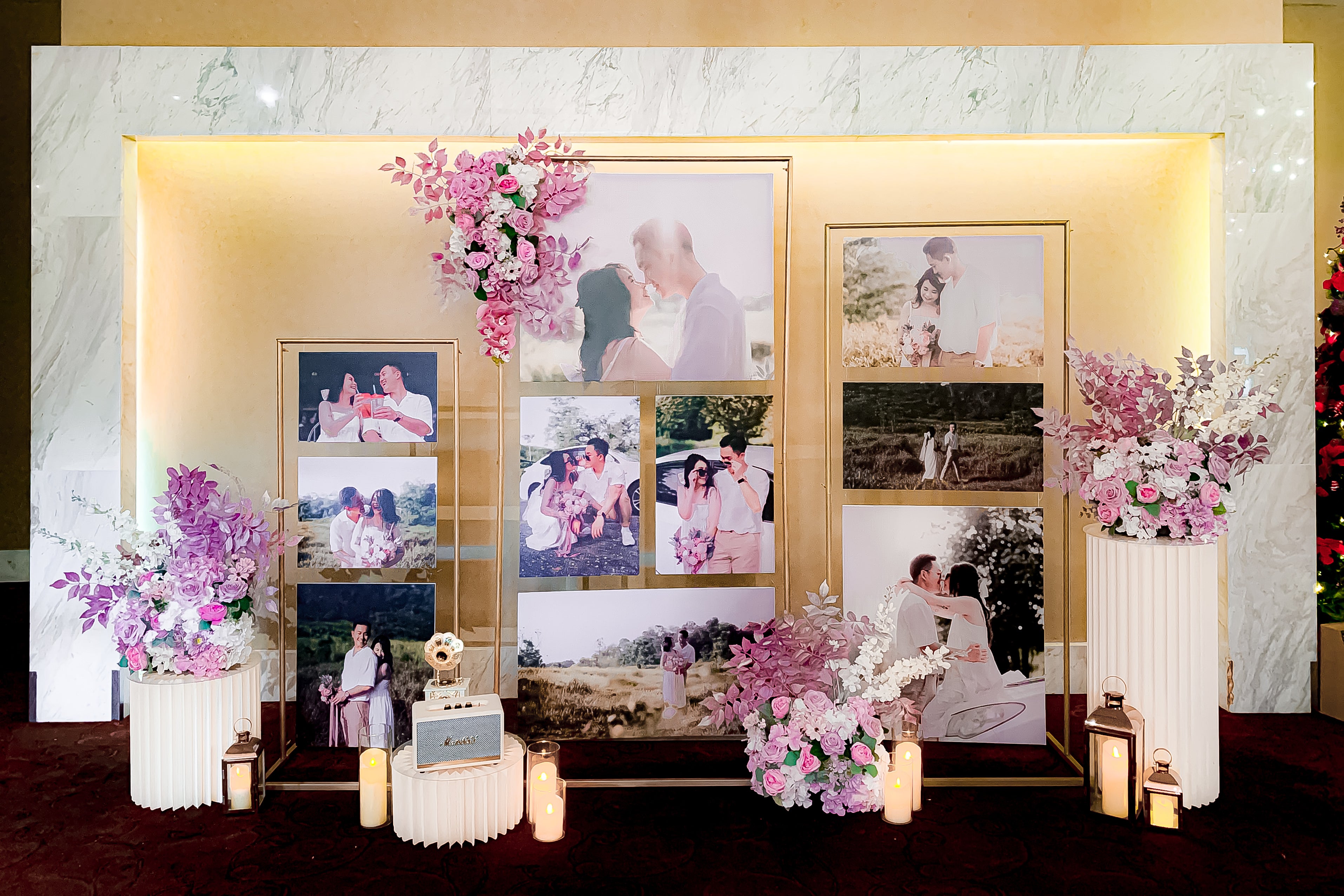 Wedding Reception Decor in Singapore - Multi-stands Photo Gallery with Purple/Lilac White Florals (Venue: Hotel Fort Canning)