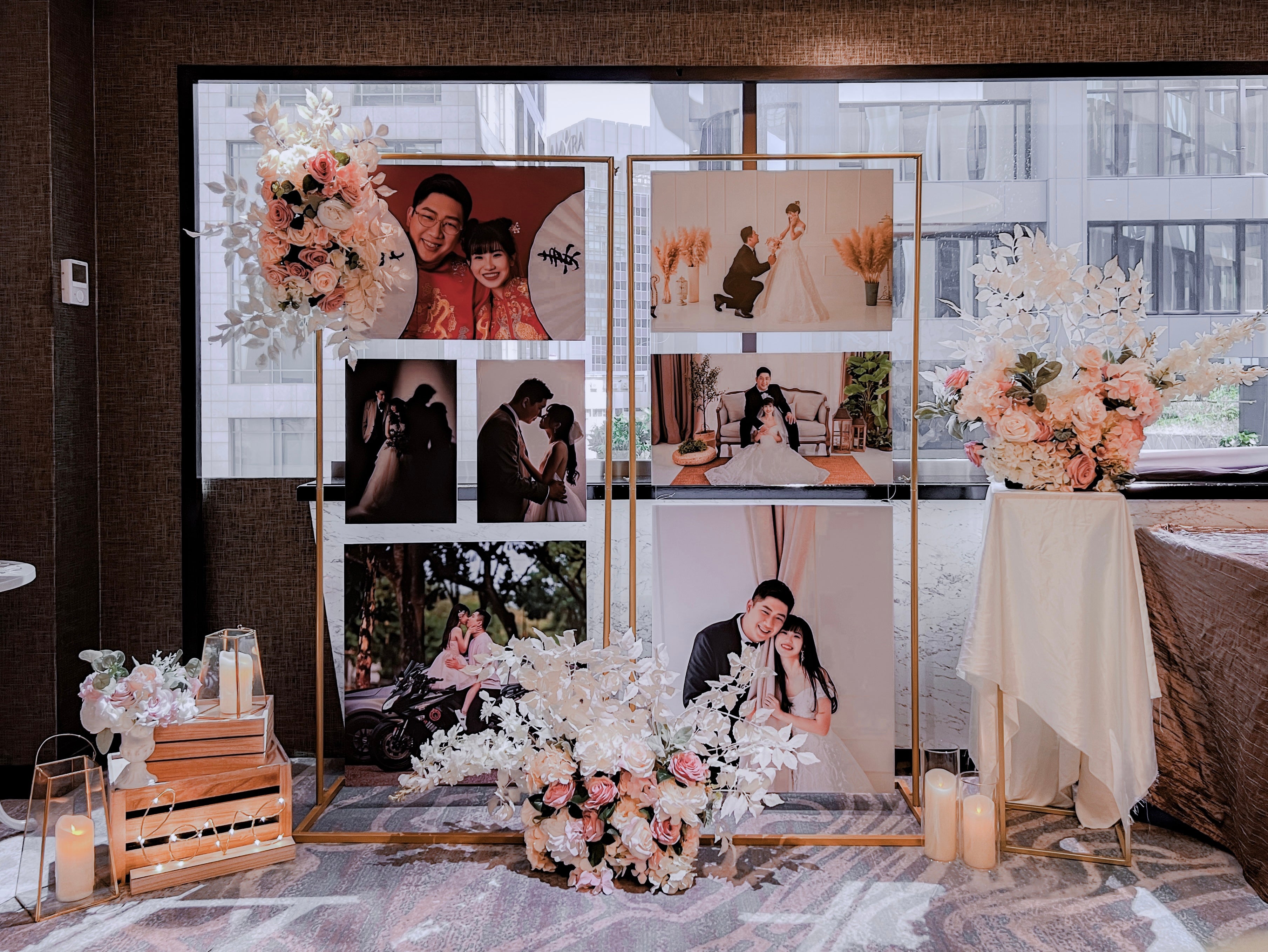 Wedding Reception Decor in Singapore - Multi-stands Photo Gallery with Pink & White Florals (Venue: M Hotel)