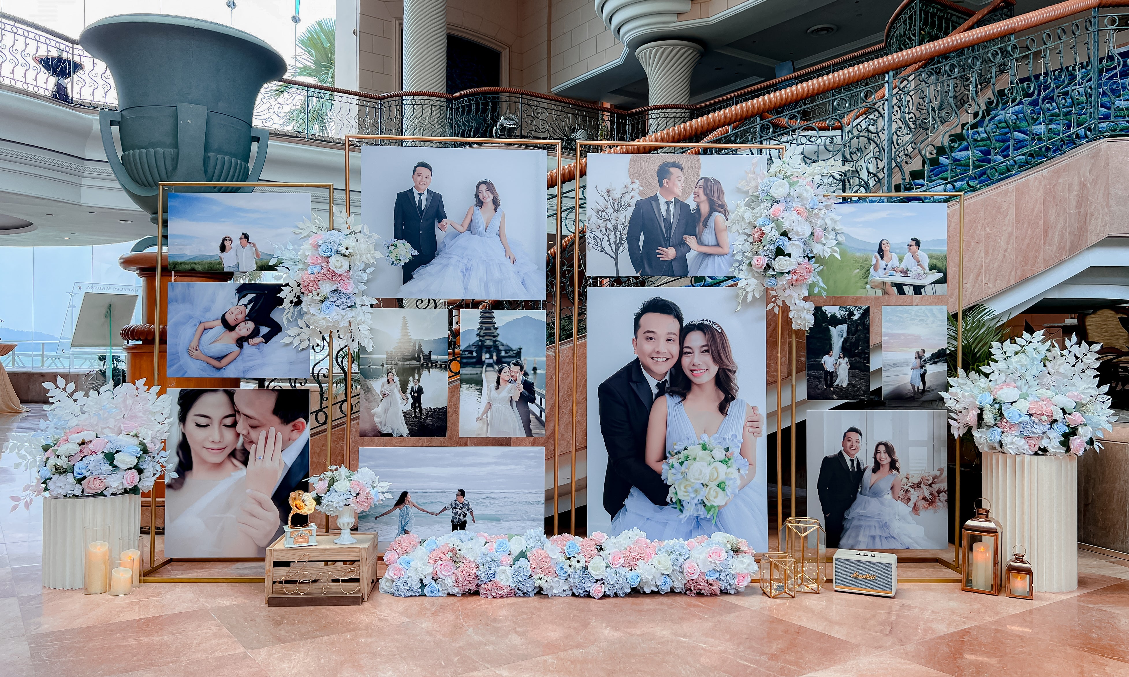Wedding Reception Decor in Singapore - Multi-stands Photo Gallery with Blue White Pink Florals (Venue: Raffles Marina)