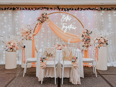 Sweet and Elegant Ballroom Stage Solemnisation/ROM Decor in Singapore - Pink White Peach Theme with Round Arch & Fairy-lights (Venue: Carlton Hotel Sg) 