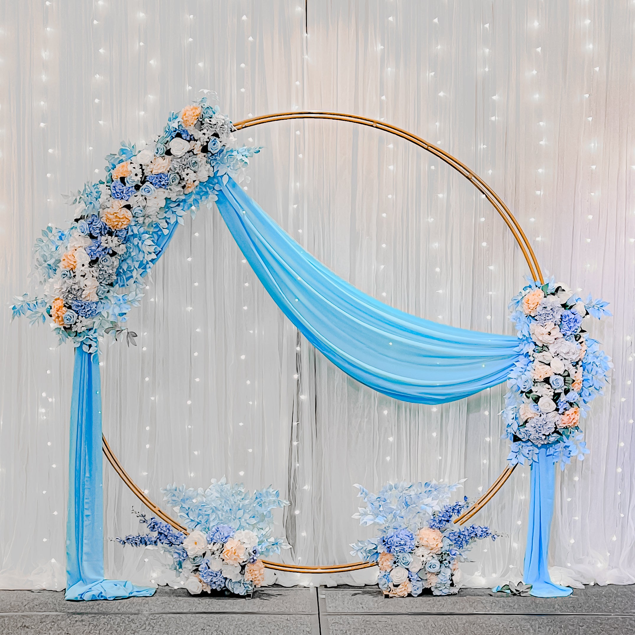 Wedding Stage Decor in Singapore - Blue White Peach Theme Floral Arch with Fairylight Backdrop suitable for Indoor/Outdoor (Venue: Four Season Hotel Singapore )