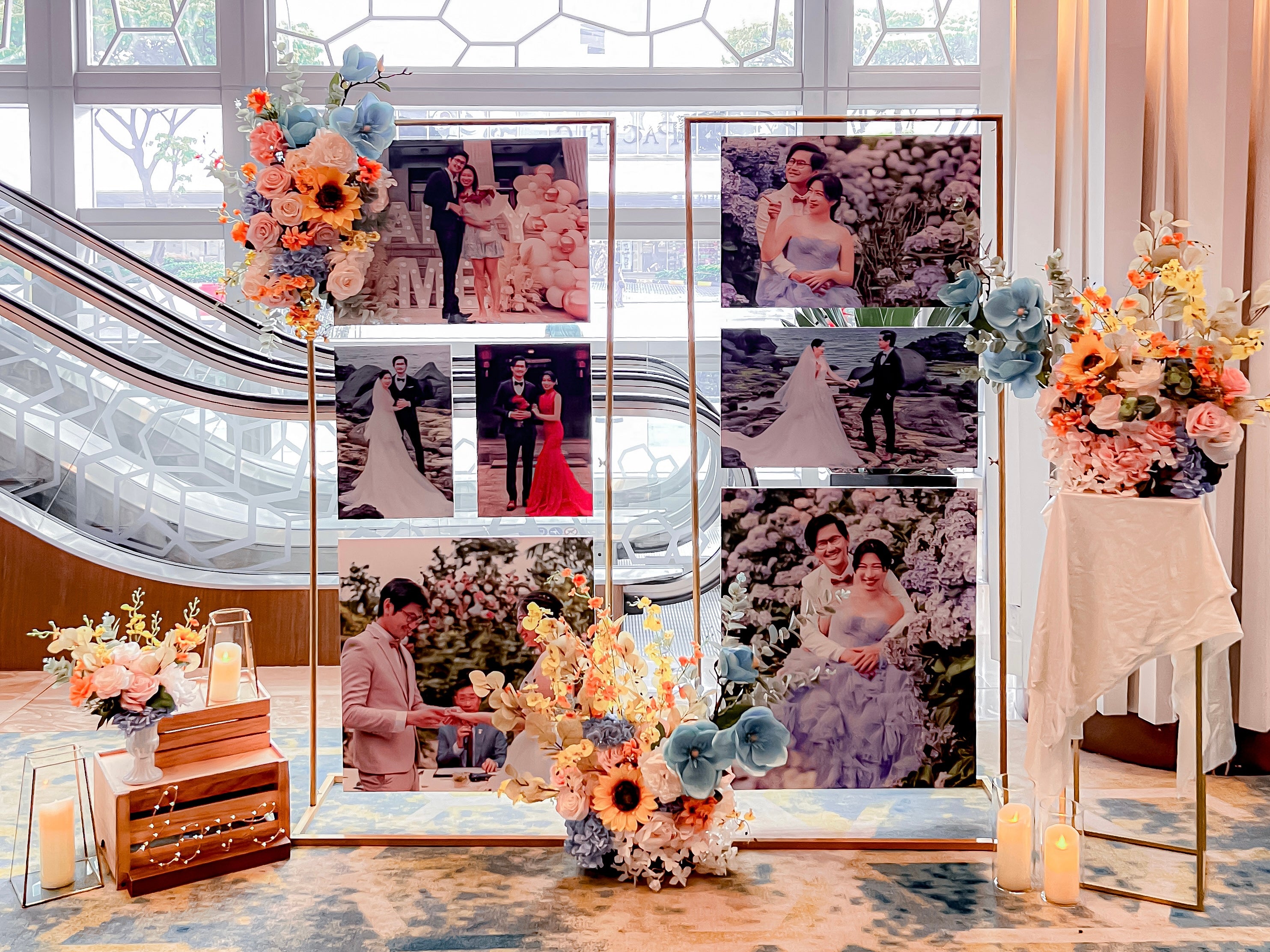 Wedding Reception Decor in Singapore - Multi-stands Photo Gallery with Pink Blue Yellow Orange Peach Florals (Venue: Pan Pacific Singapore)